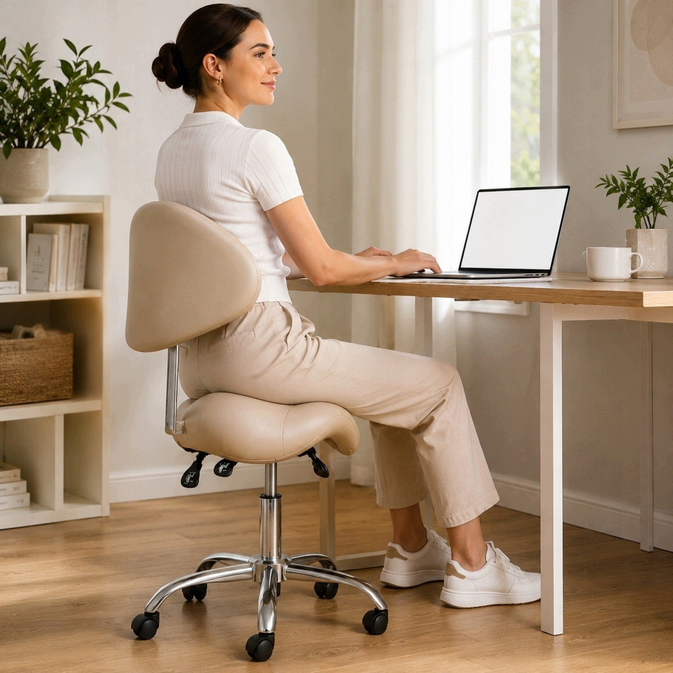 Height Adjustable Cosmetic Chair with Backrest Saddle Cream Medical device no
