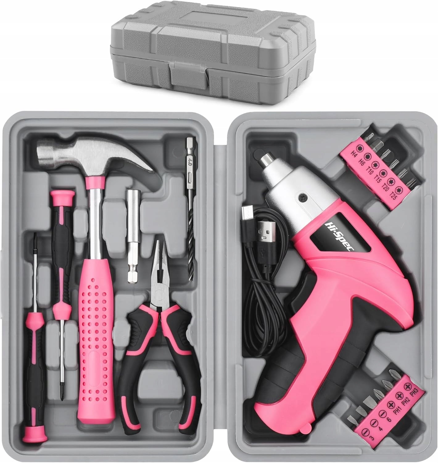 Hi-Spec 19pc 3.6V Pink USB Power Screwdriver and Home Tool Kit Set