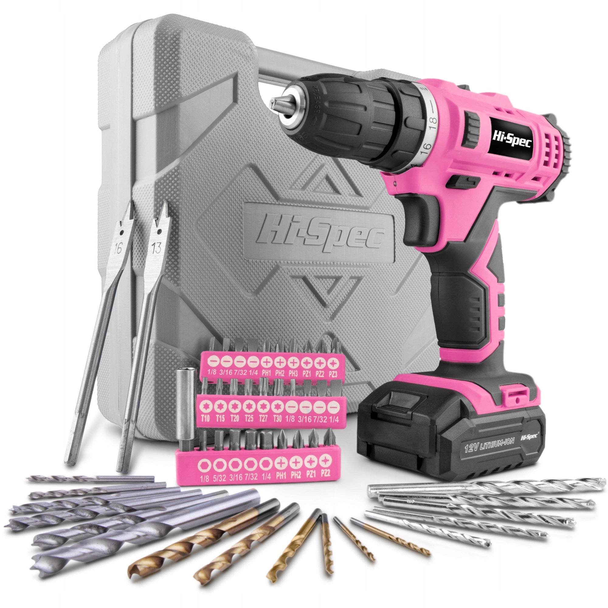 Hi-Spec 50pc 12V Pink Electric Power Drill Driver & Bit Set in a Carry Case