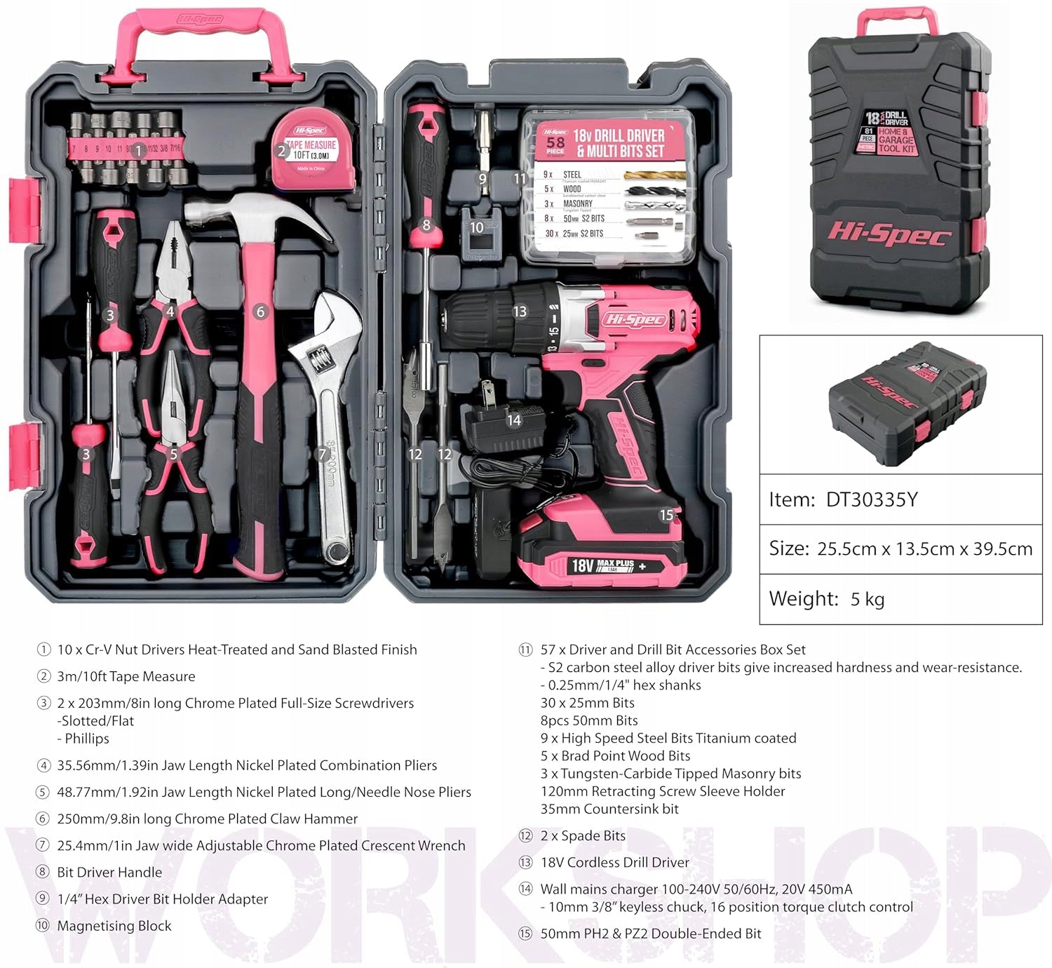 Hi-Spec DT30335Y 81pcs Tool Kit with 18V Pink Cordless Drill Manufacturer code JOB-B093SQC678