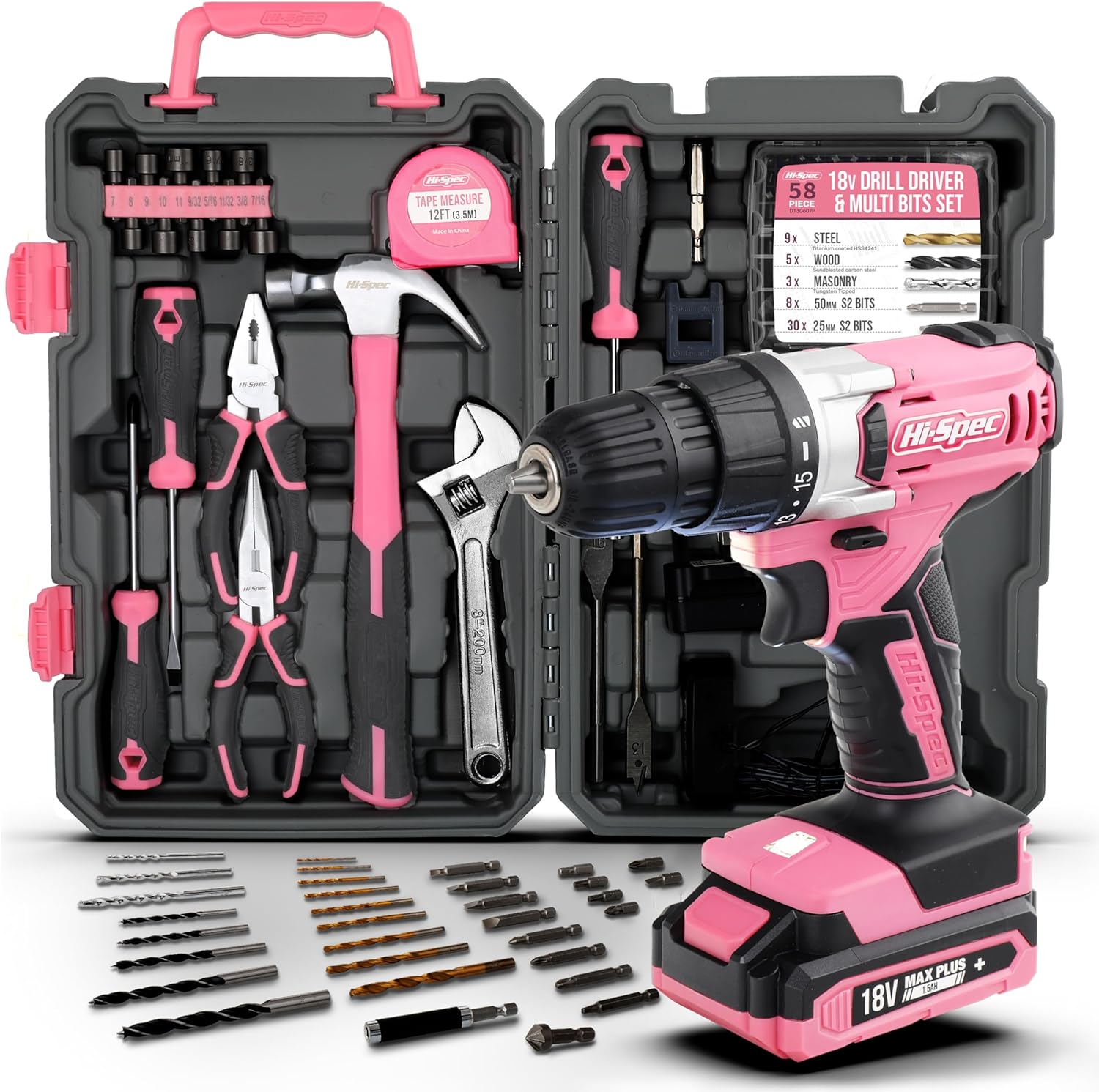 Hi-Spec DT30335Y 81pcs Tool Kit with 18V Pink Cordless Drill
