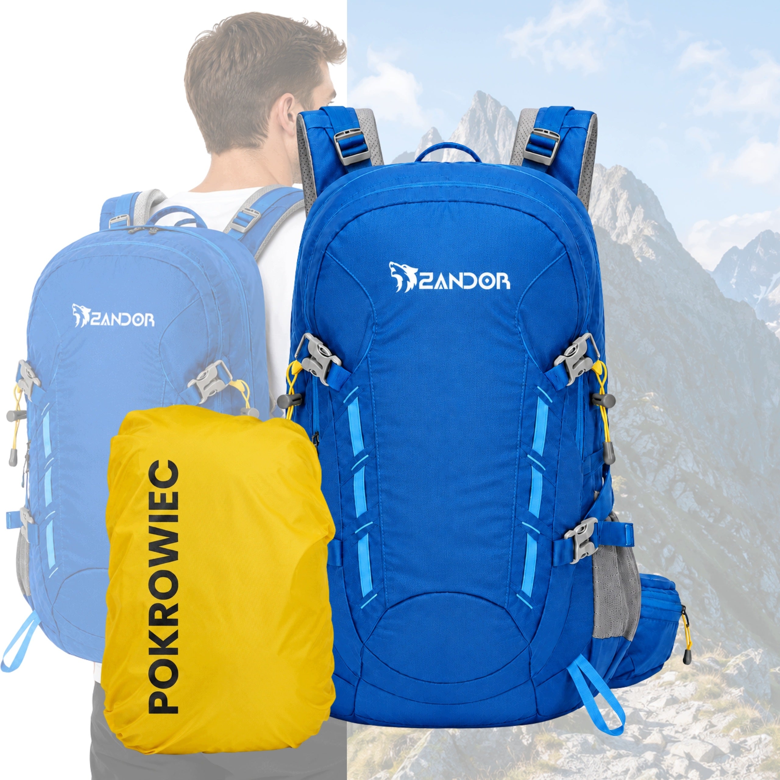 Hiking Backpack Mountain Trekking Women's Men's 40L BLUE+COVER