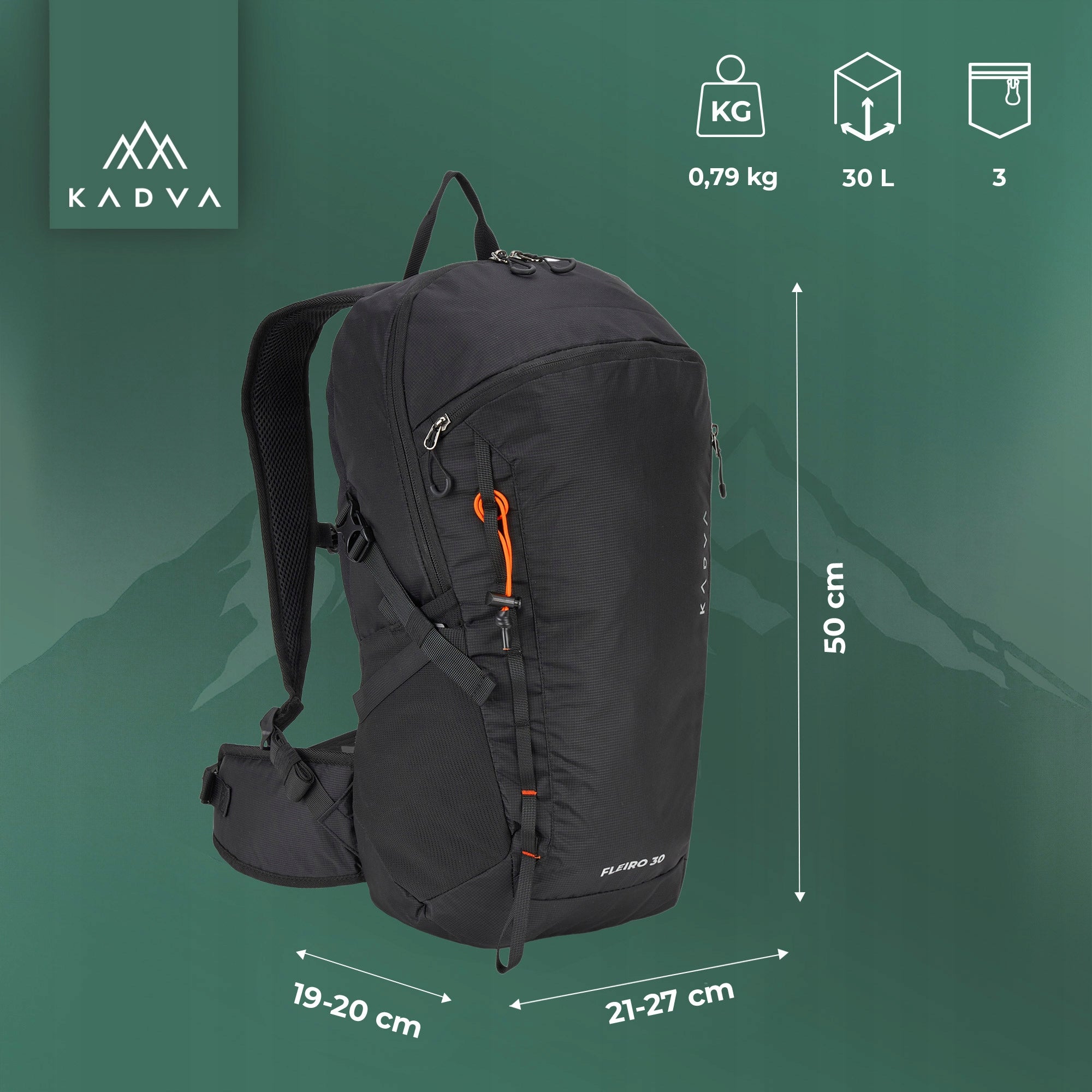 Hiking backpack KADVA Fleiro 30 l black PRACTICAL WITH COVER Packaging status original
