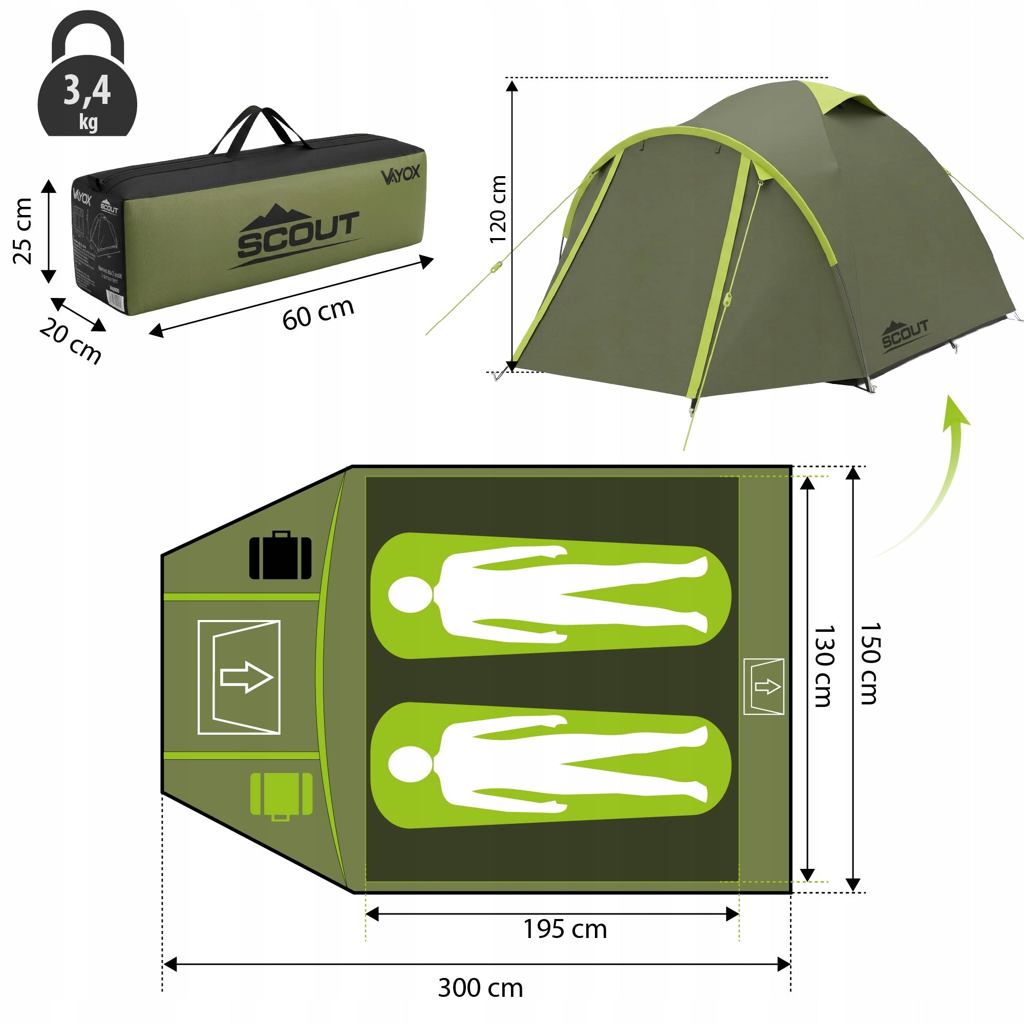 Hiking camping tent 2 persons Vayox VA0427 SCOUT LIGHT 300x150cm Additional features reflective elements pockets sun protection wind protection ventilation system