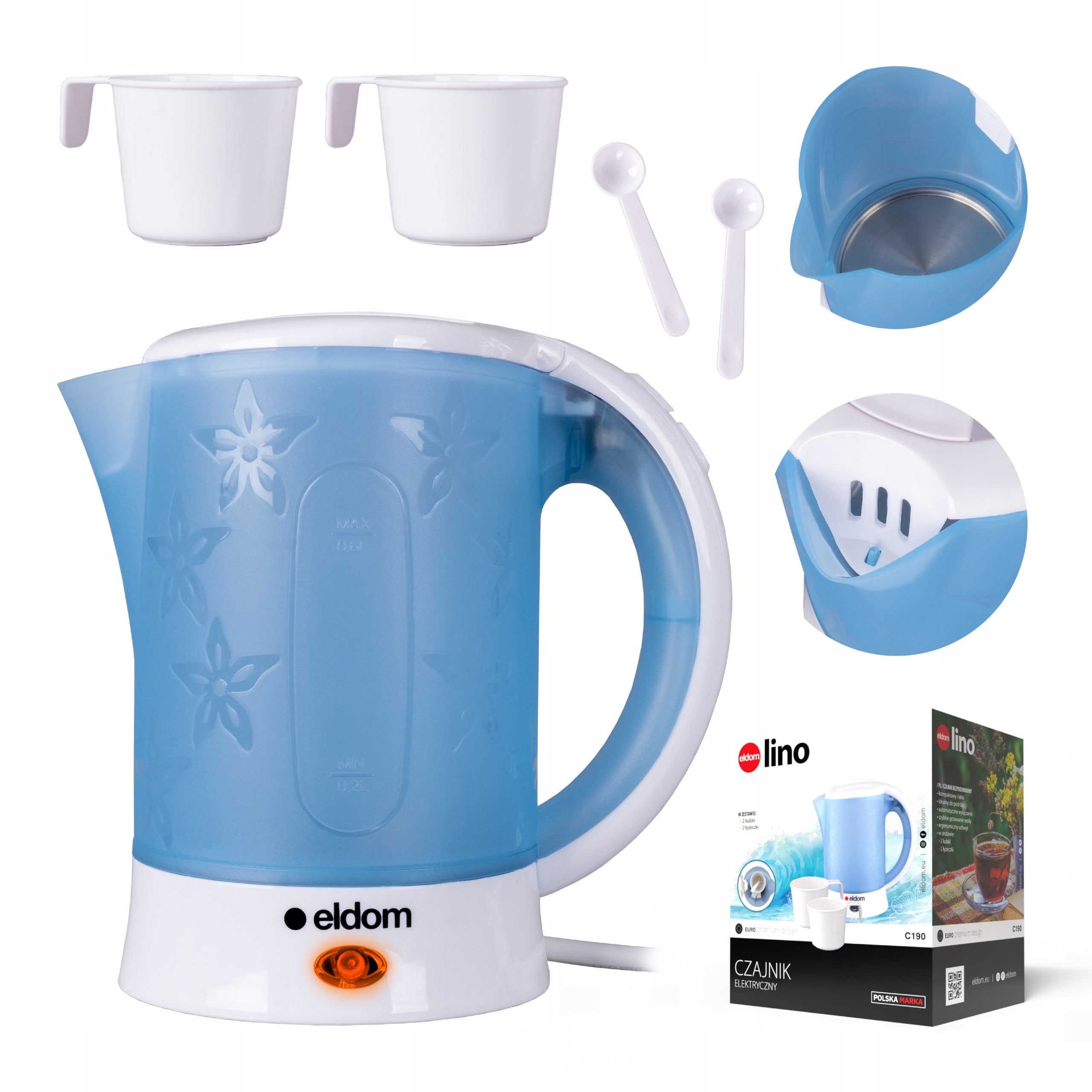 Hiking electric kettle 650W Eldom 0,6L small traveler plus 2 cups