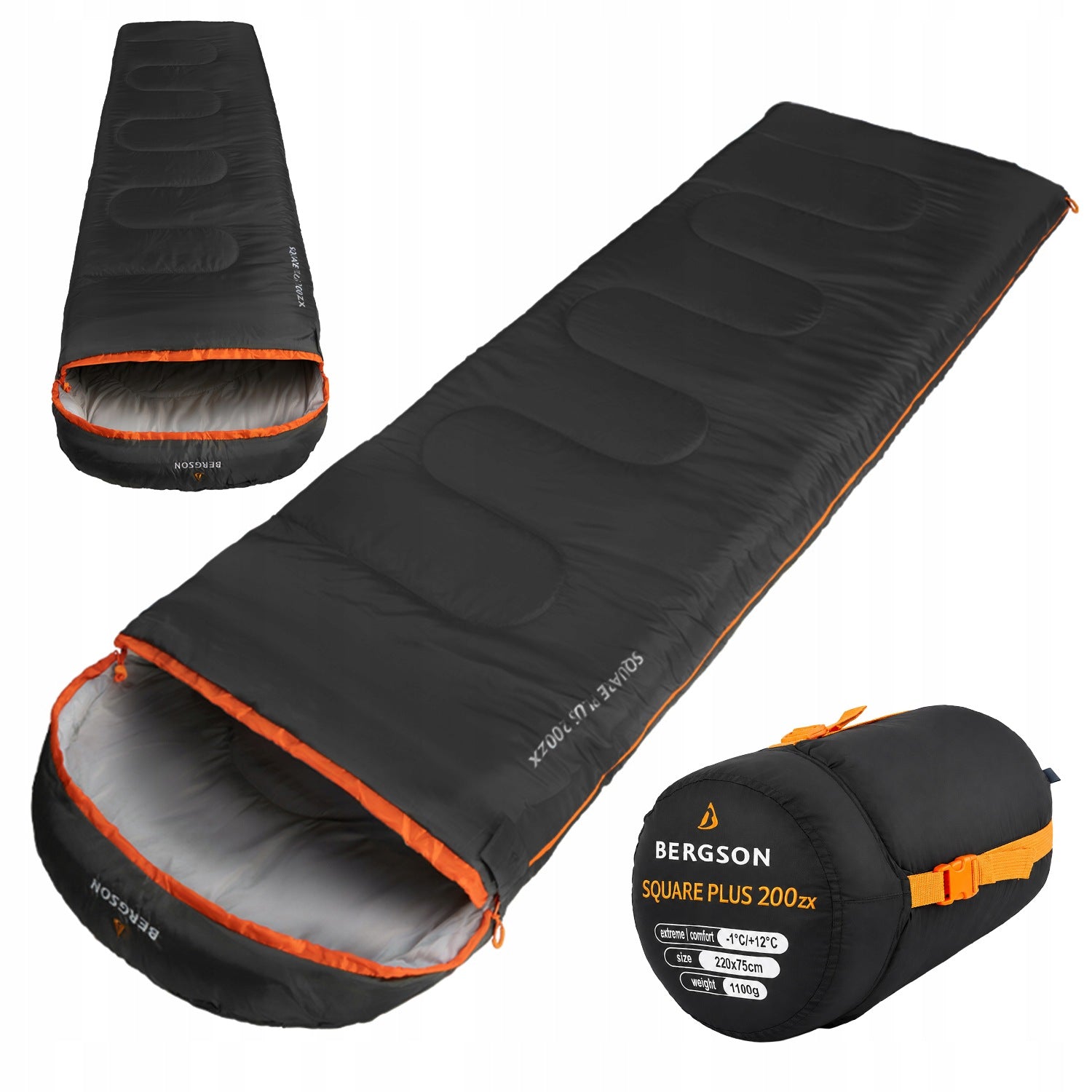Hiking sleeping bag black BERGSON SQUARE Plus 200 ZX