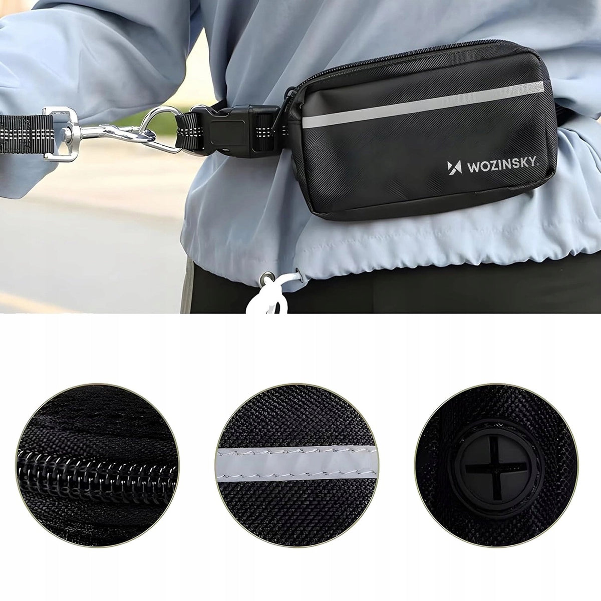 Hip belt with sachet and elastic leash for running with dog Wozinsky Brand Wozinsky