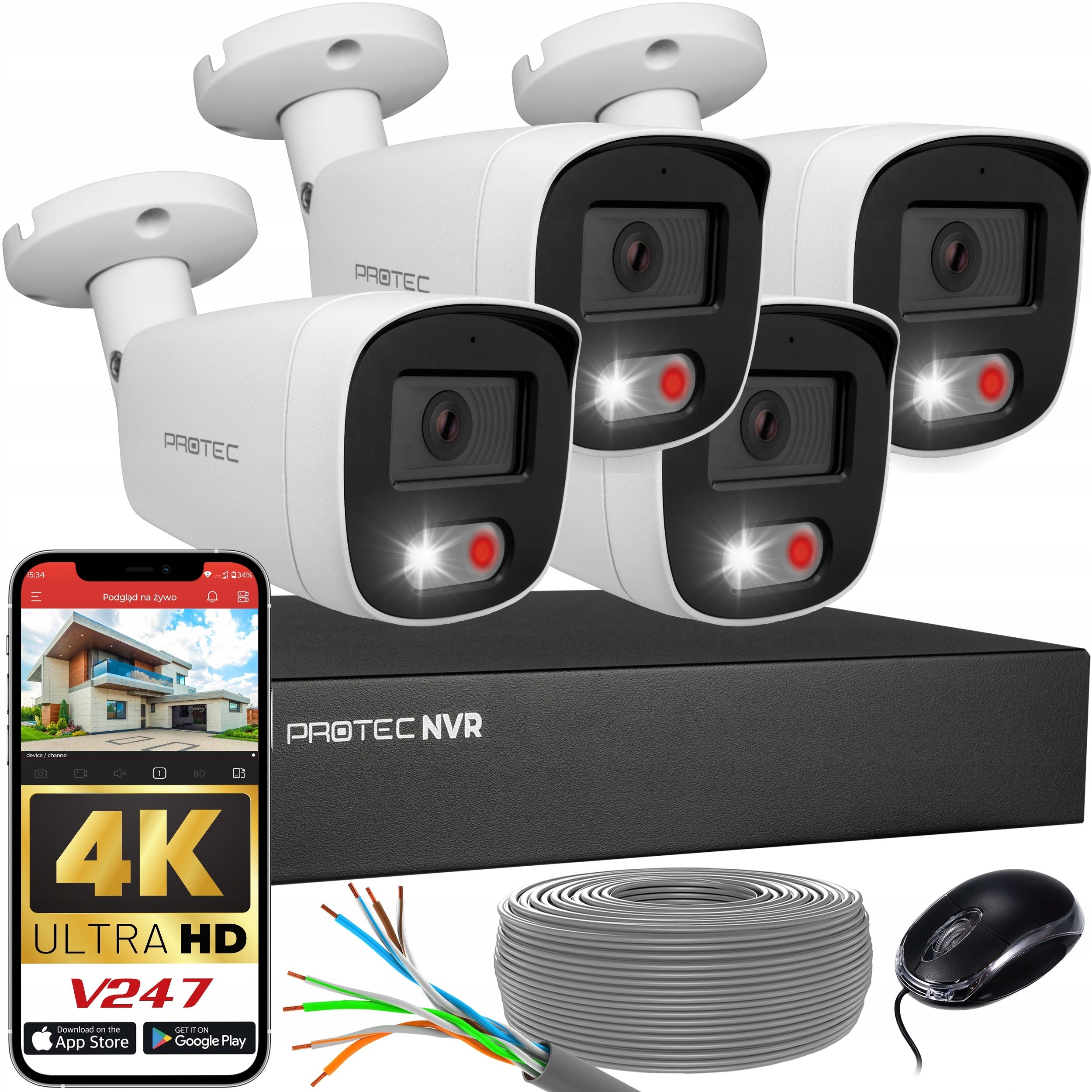 Home Monitoring 4K Set of 4 IP PoE Cameras Outdoor Microphone Night IR LED