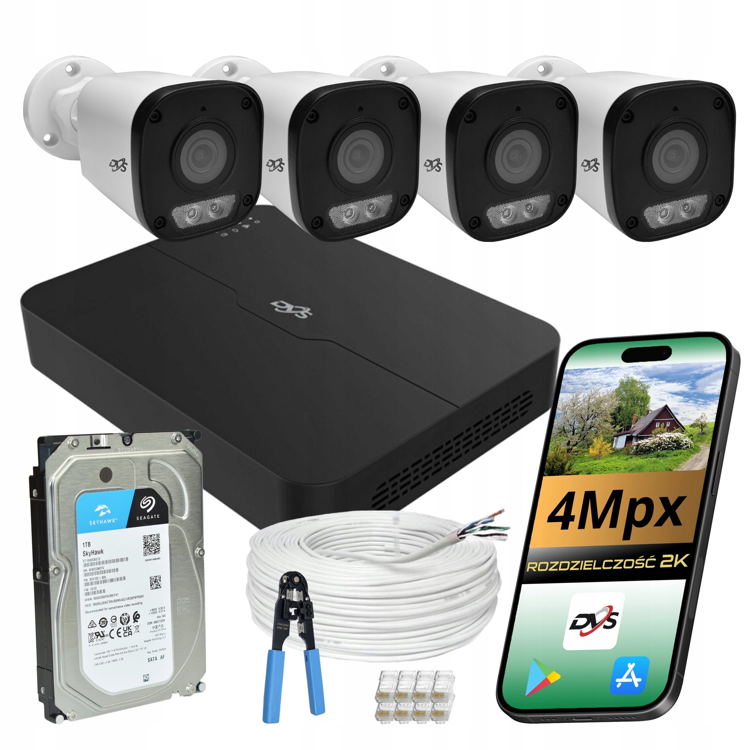 Home Security Camera Kit 4 IP POE Cameras 4Mpx DUAL LIGHT DRIVE 1TB