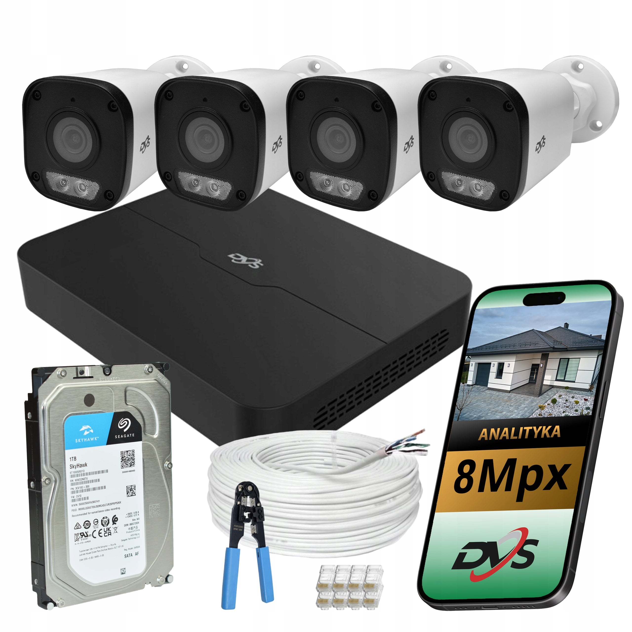 Home Surveillance Kit 4 Outdoor PoE IP Cameras 8Mpx Color At Night 1TB