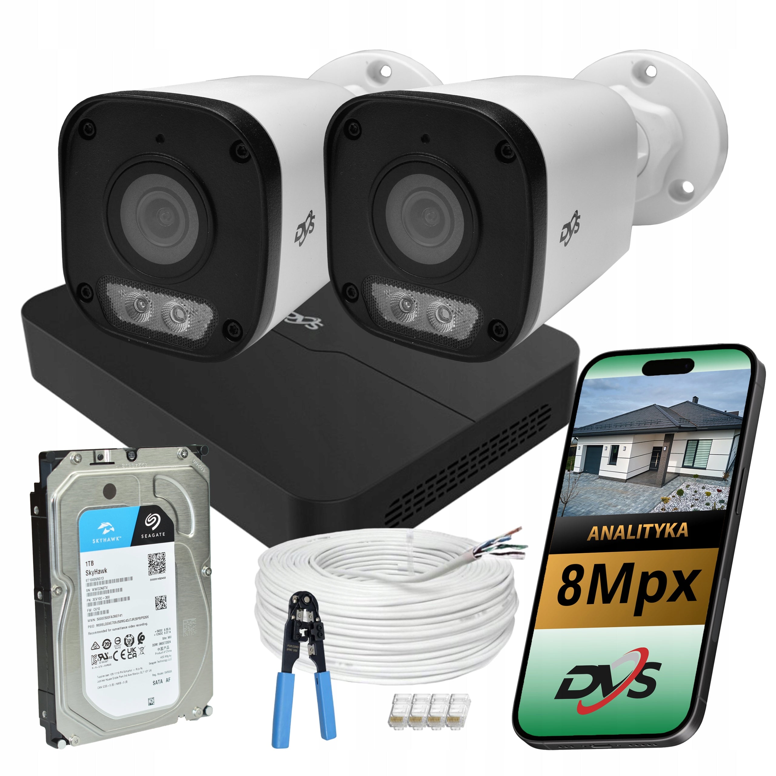 Home surveillance kit 2 cameras 8Mpx 4K IP PoE DVS 1TB dual light LED
