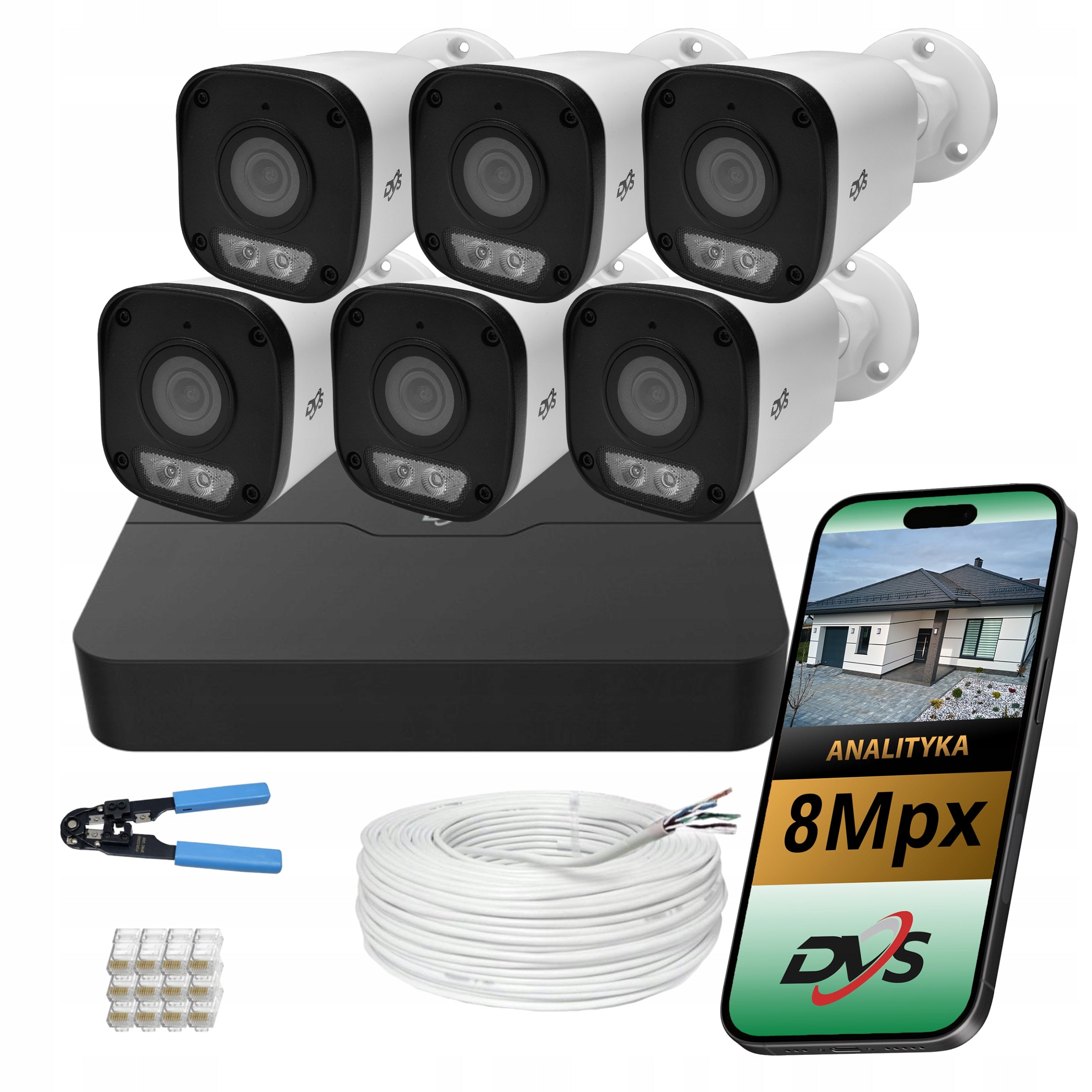 Home surveillance kit 6 IP cameras 8Mpx 4K PoE UHD dual light LED DVS
