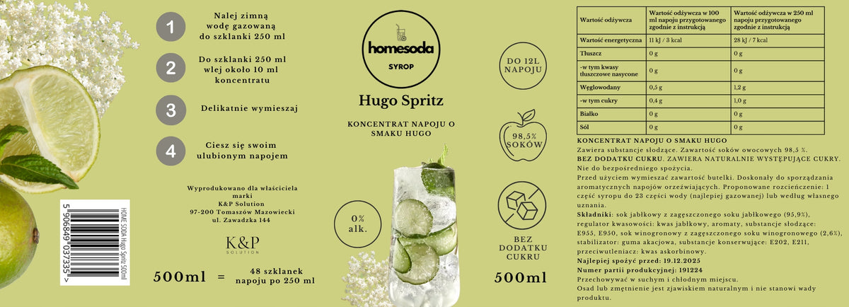 HomeSoda Hugo Spritz Syrup Sugar Free Saturator Concentrate SodaStream Packaging status original