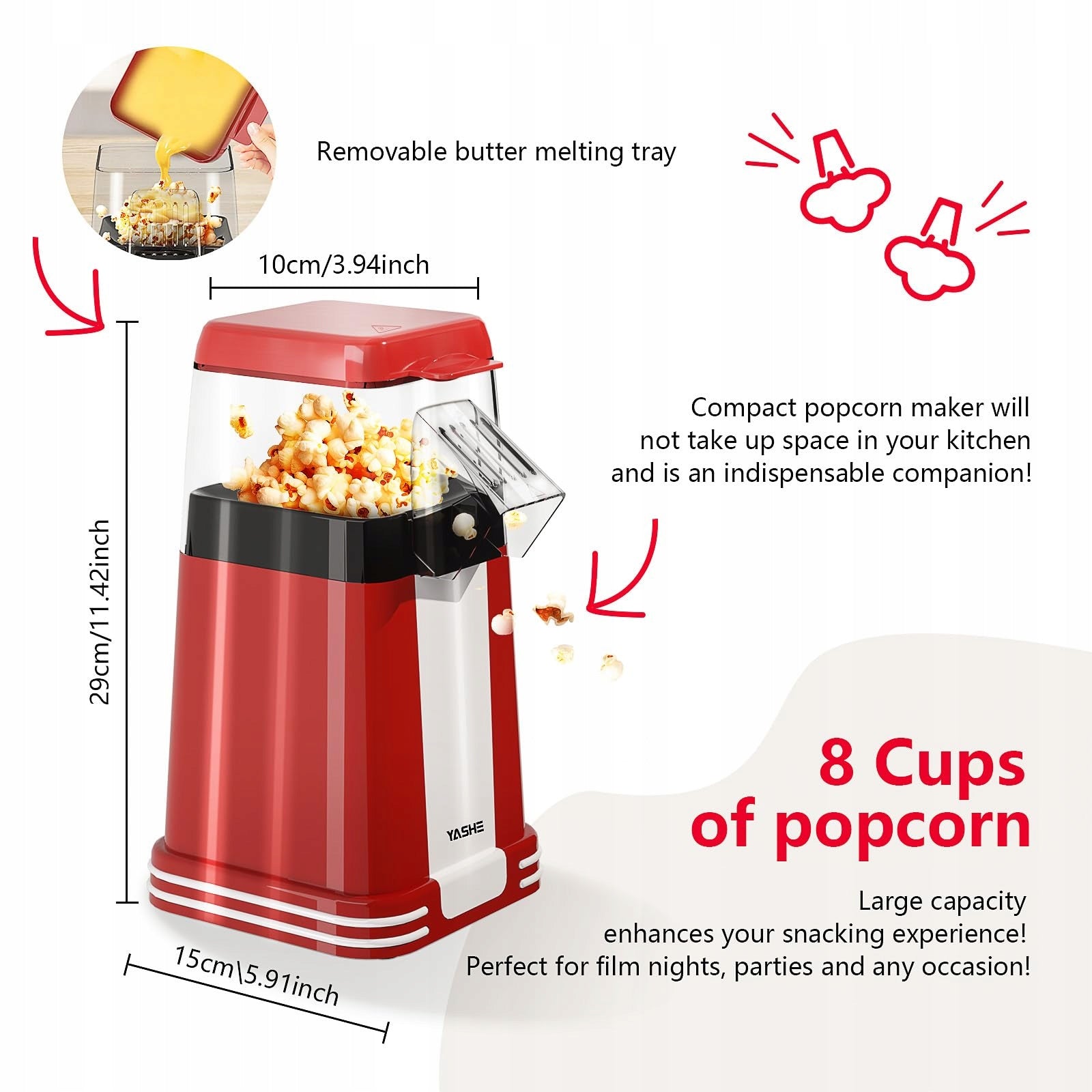 Hot Air Popcorn Machine 1200W Retro YASHE Manufacturer code 001