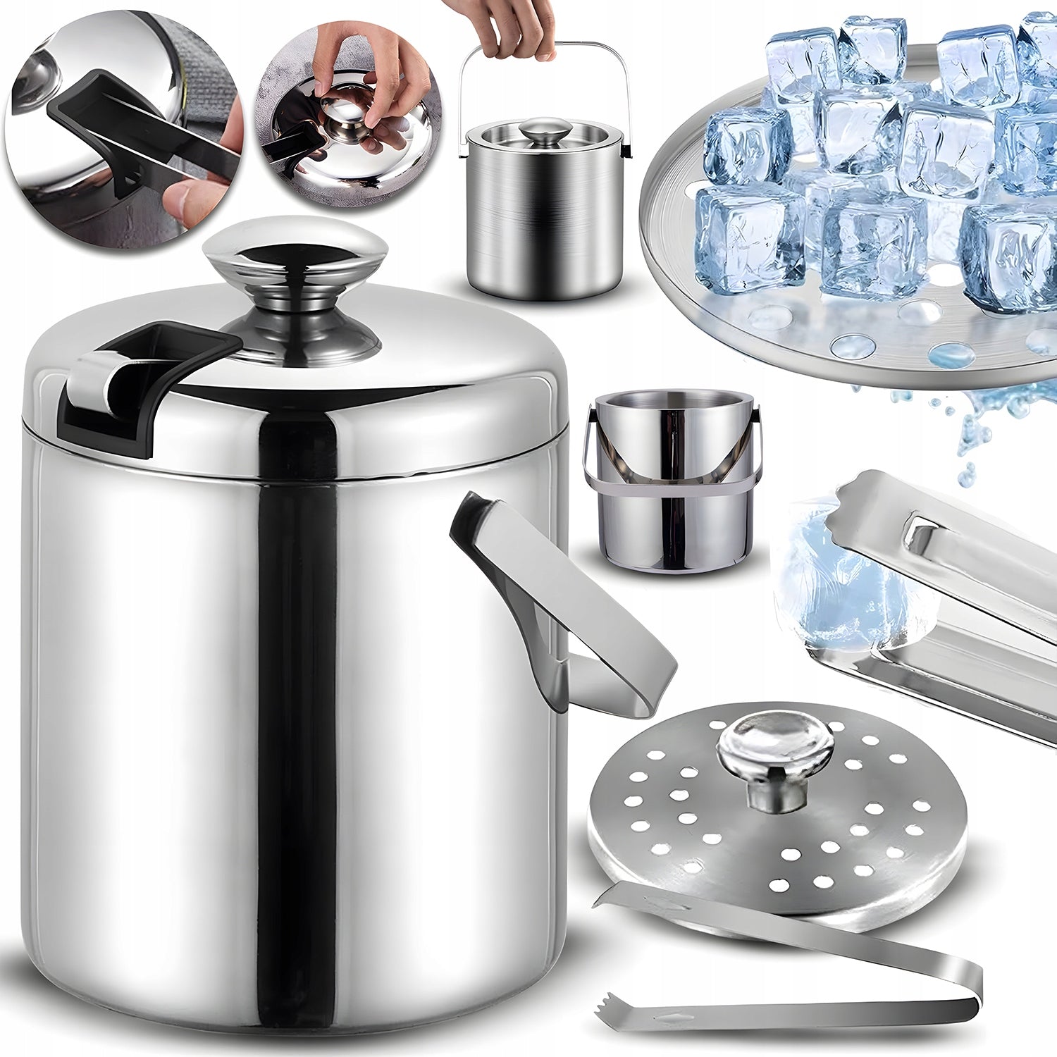 ICE BUCKET ICE CONTAINER CUBES WITH LID 2L LARGE + PLIERS
