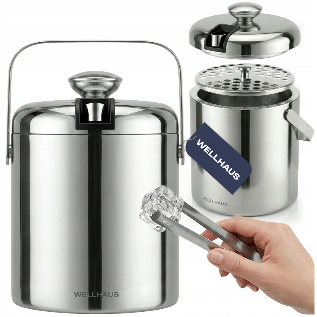 ICE BUCKET THERMAL ICE CONTAINER 1,3L STEEL + PLIERS WELLHAUS