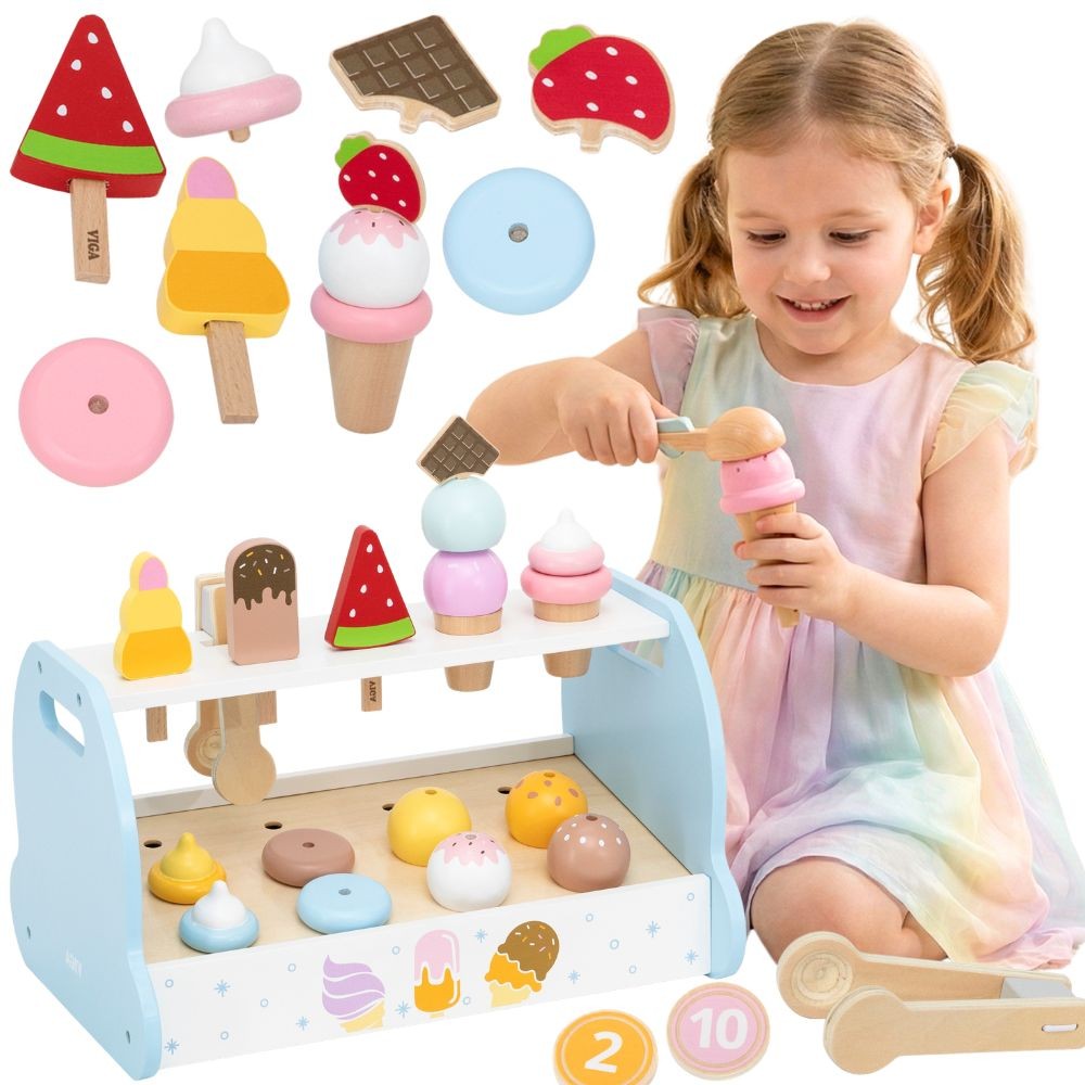 ICE CREAM PARLOR WOODEN SHOP ICE CREAM DESSERTS COINS SET ACCESSORIES SHOP VIGA