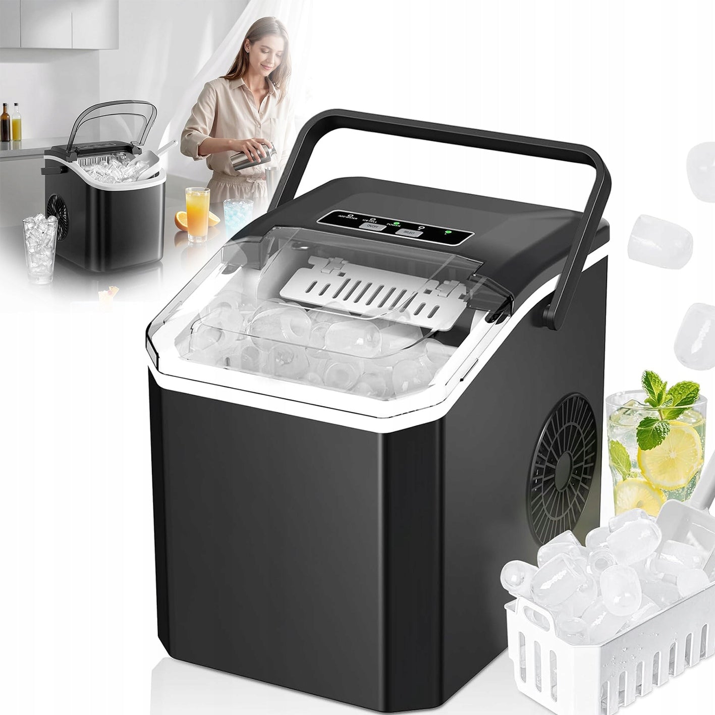 ICE CUBE MACHINE, 9 ICE CUBES IN 6-13 MINUTES, FOR HOME/KITCHEN/CAMPING