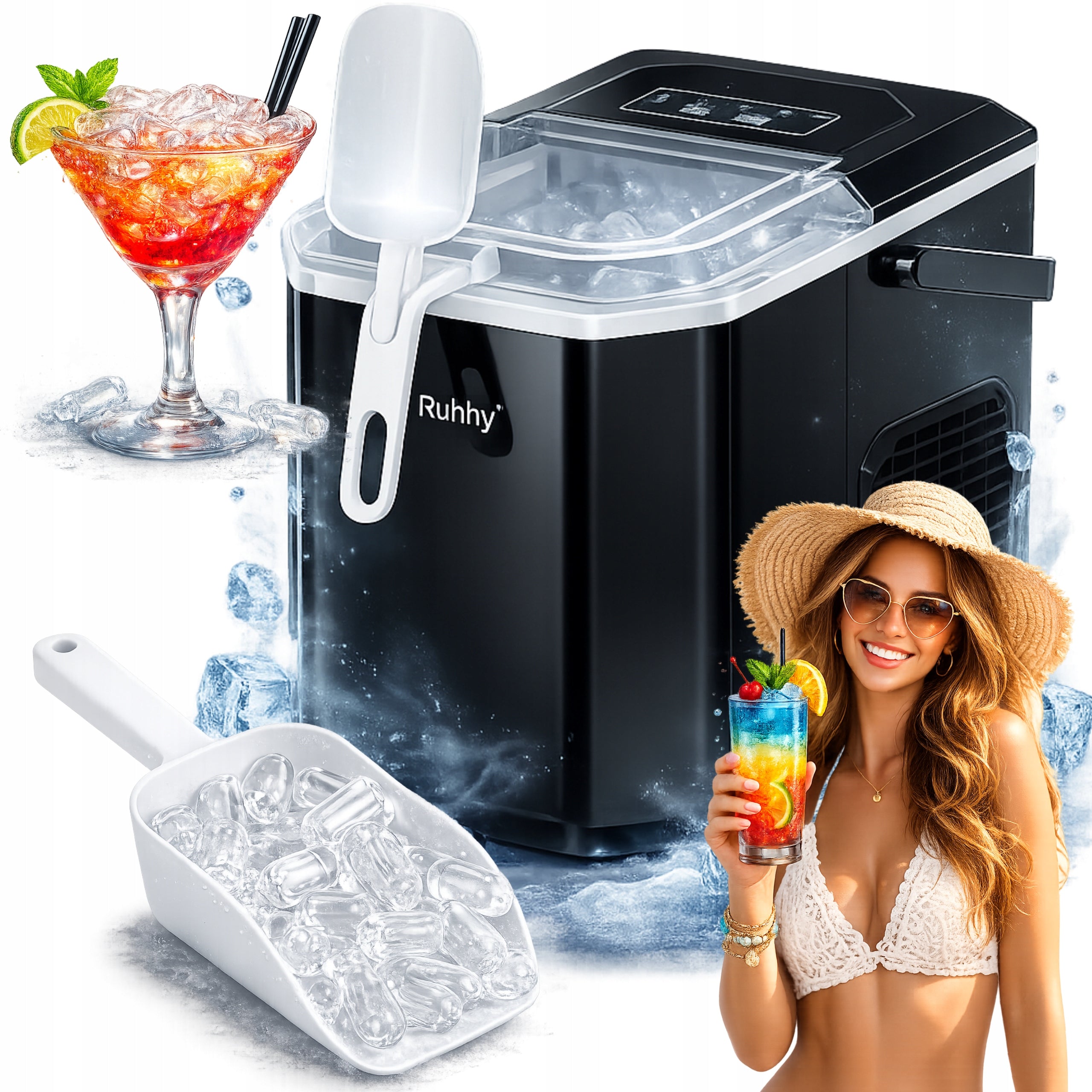 ICE MAKER Household Cube Machine 1.2l 12kg/24h Black with SPATULA Manufacturer code Kostkarka do lodu 1,2l czarna