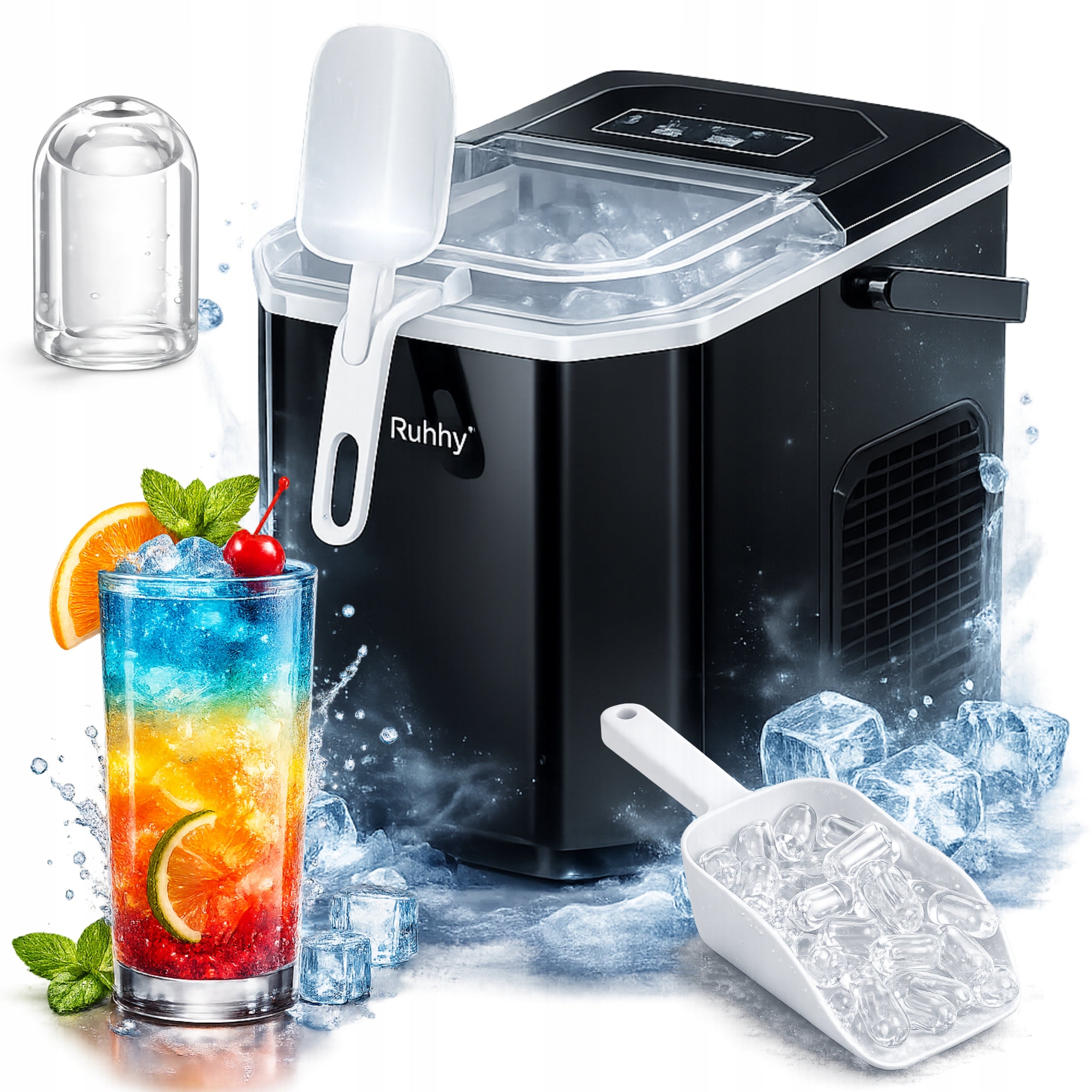 ICE MAKER Household Cube Machine 1.2l 12kg/24h Black with SPATULA