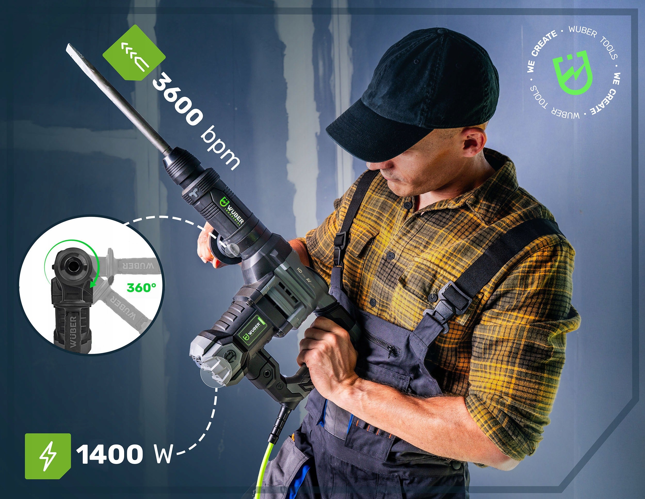 IMPACT DEMOLITION HAMMER SDS MAX SUITCASE 2 CHISELS 1400W 20J FOR CONCRETE WUBER Packaging status original
