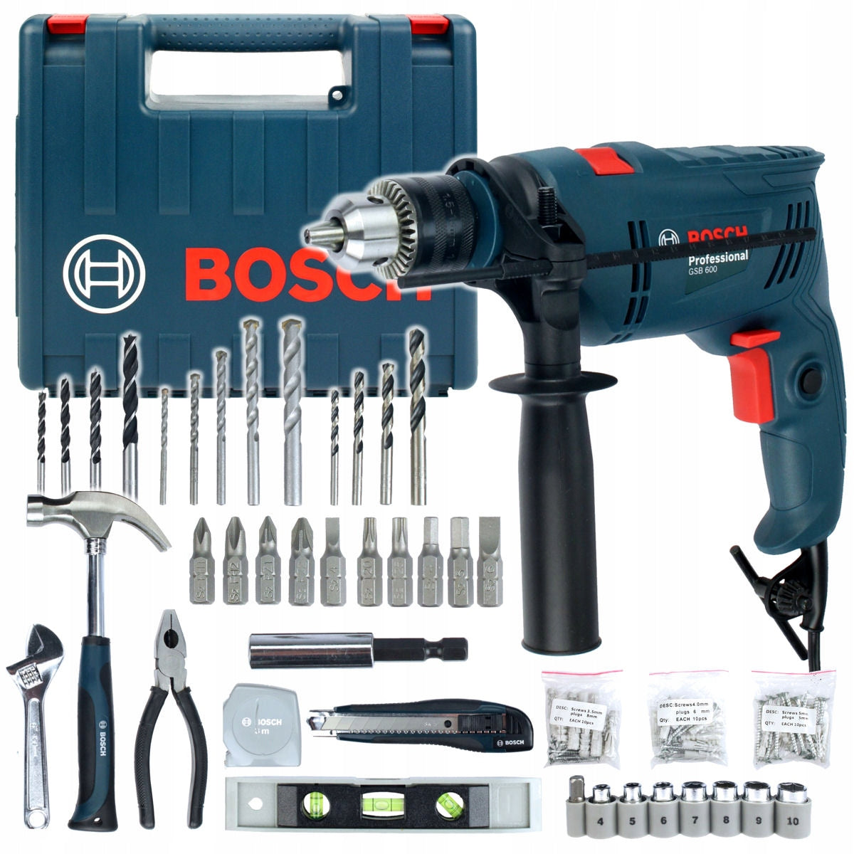 IMPACT DRILL 600W GSB 600 RE BOSCH + CASE + ACCESSORIES