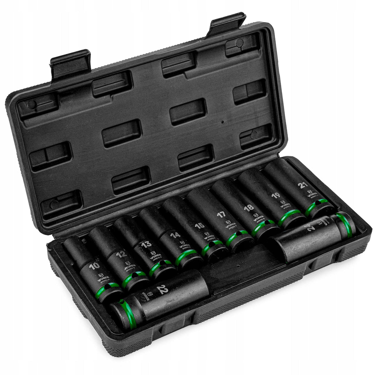 IMPACT SOCKET SET 11 PACK 1/2" 6-ANGLE LONG CAPS 10-24MM WUBER Packaging status original