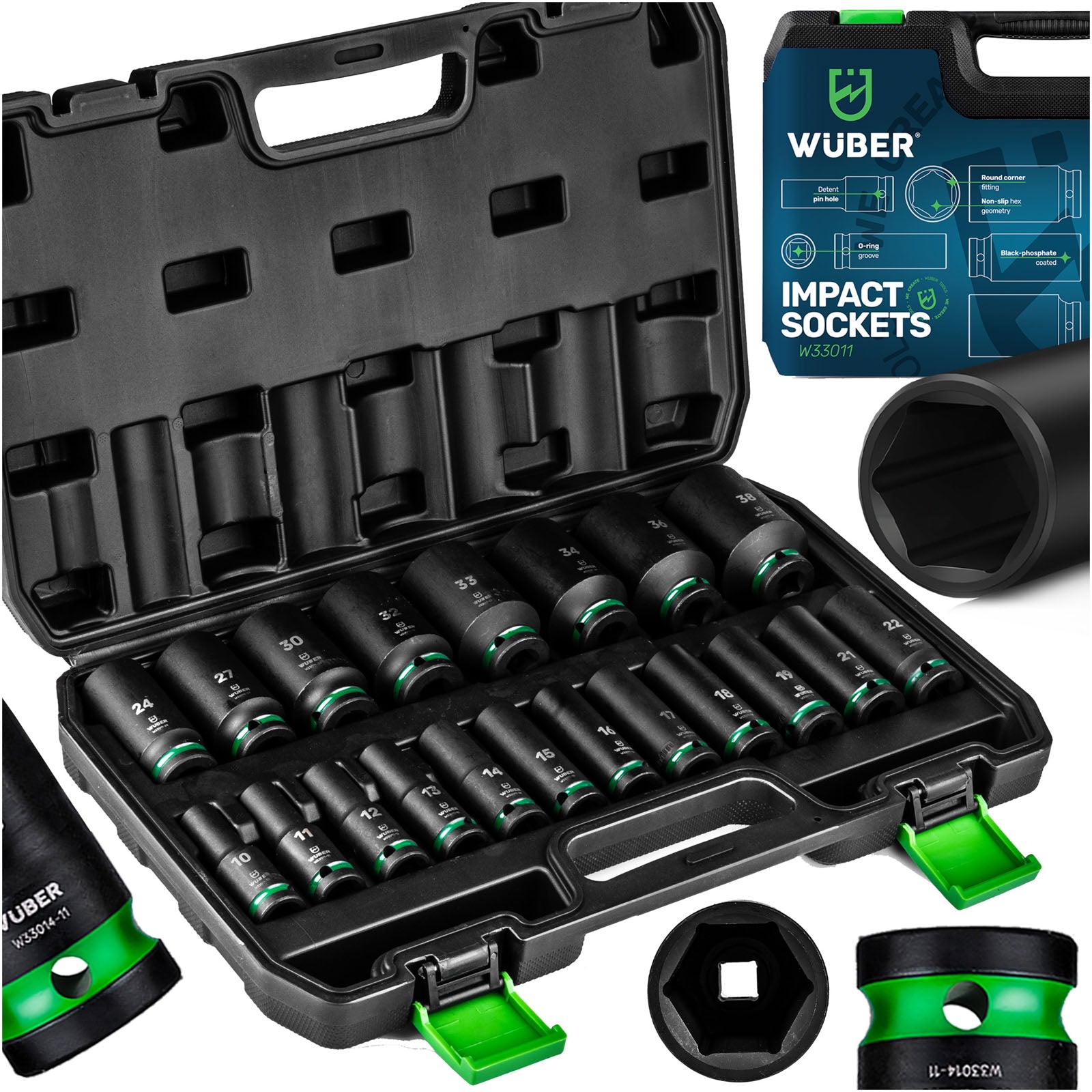 IMPACT SOCKET SET 20 PCS 1/2" 6-ANGLE DEEP LONG 10-38MM WUBER