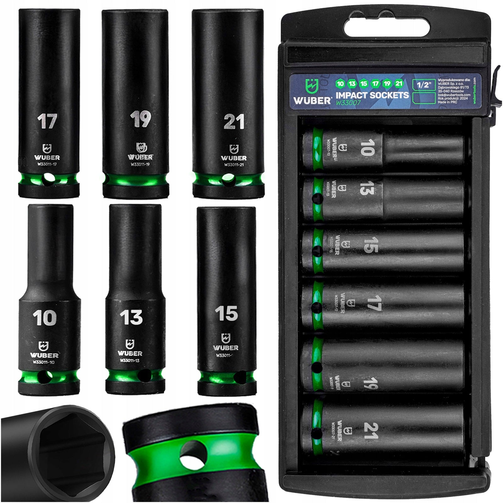 IMPACT SOCKET SET 6 PCS 1/2" 6-ANGLE LONG CAPS 10-21MM WUBER