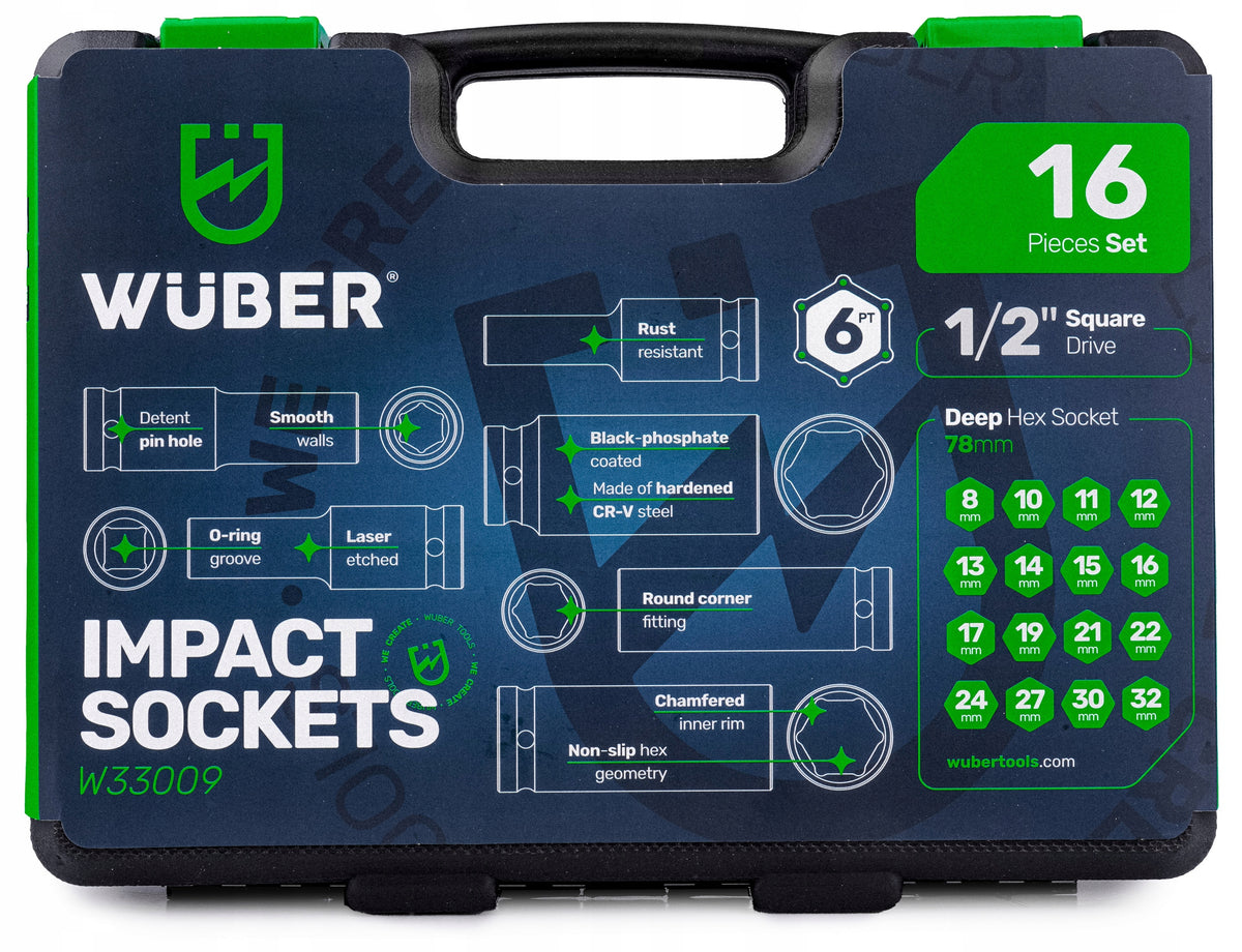 IMPACT SOCKET SET FOR WRENCH 16 PCS 1/2'' LONG 8-32 MM SUITCASE Manufacturer code W33009 ZESTAW NASADEK UDAROWYCH 16 SZT WUBER