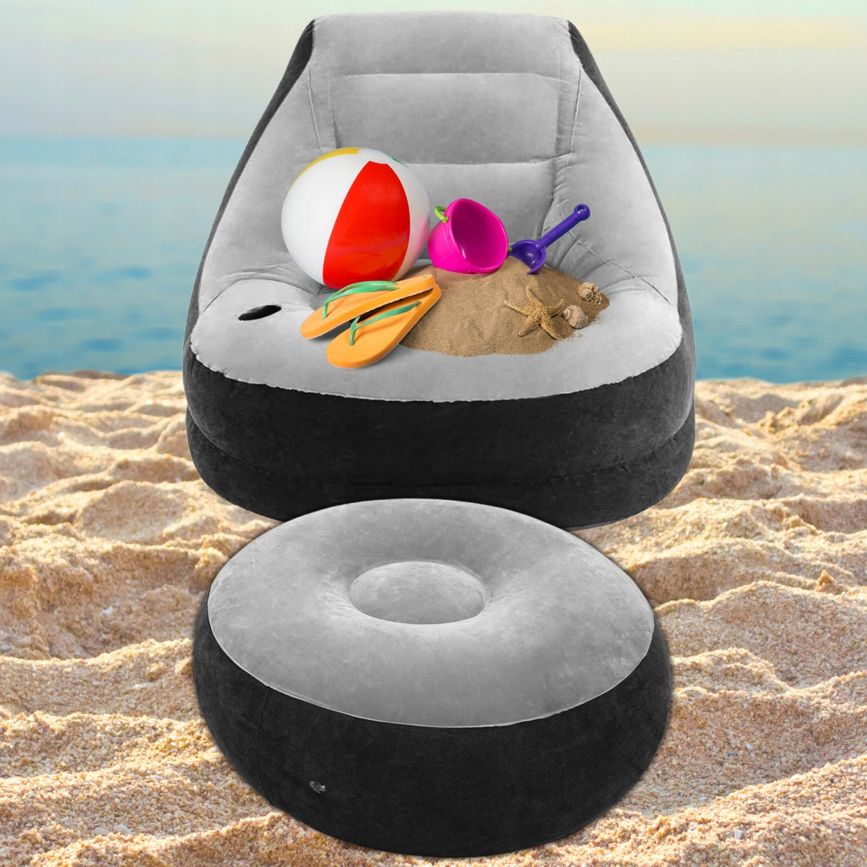 INFLATABLE CHAIR POUF BEACH LOUNGER WITH FOOTREST INFLATABLE CHAIR Color black