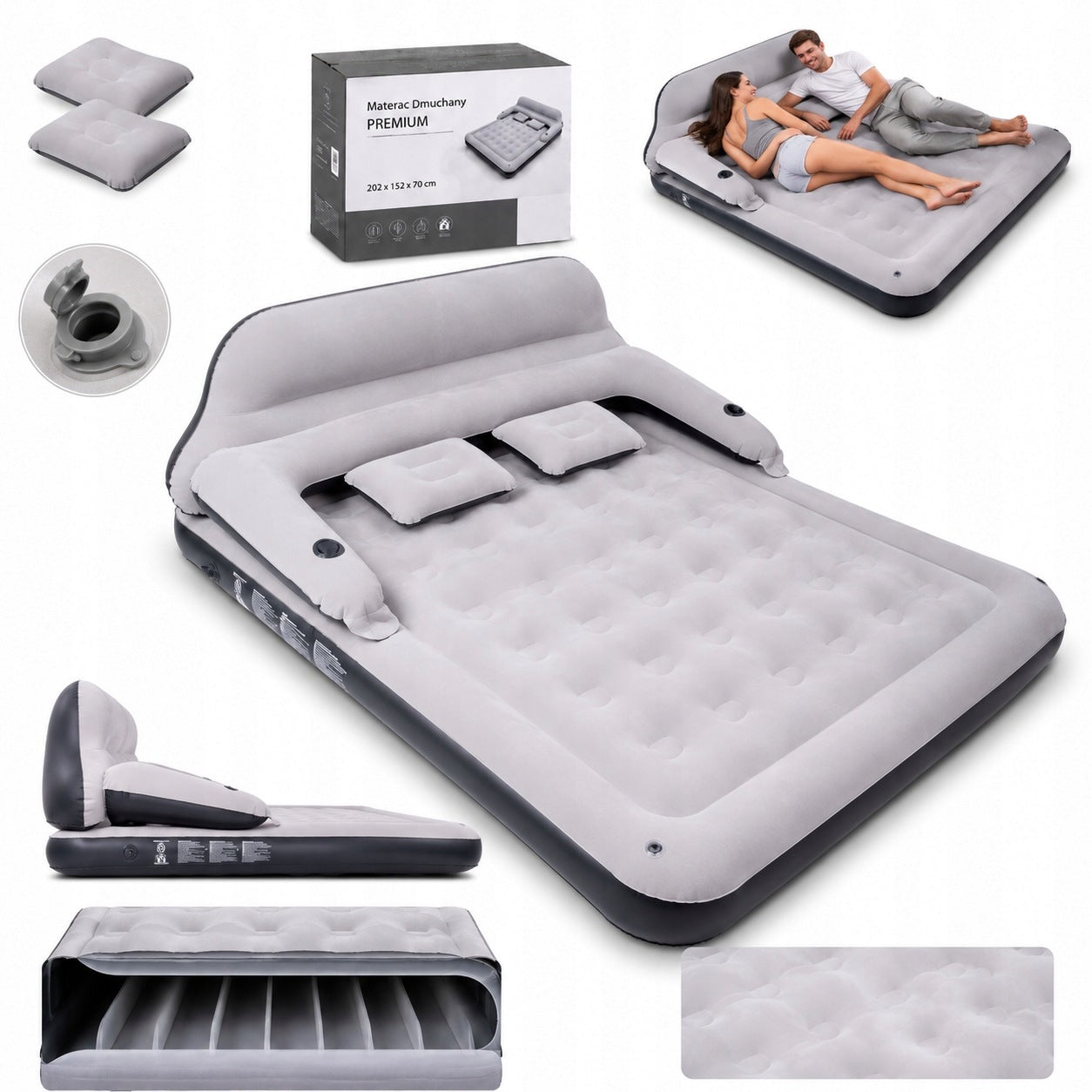 INFLATABLE MATTRESS DOUBLE VELOUR BED QUEEN SIZE WITH BACKREST 202x152CM