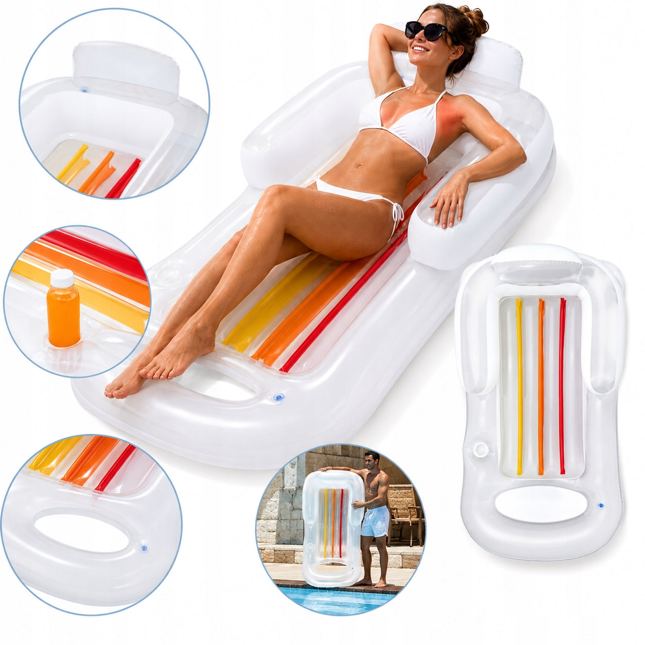 INFLATABLE MATTRESS LOUNGER ARMCHAIR WITH BEACH BACKREST FOR SWIMMING SUNBATHING POOL
