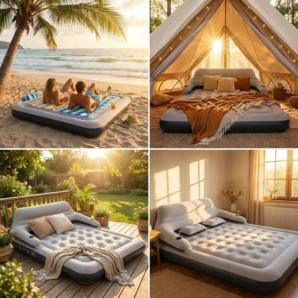 INFLATABLE MATTRESS XXL DOUBLE QUEEN SIZE BED + CAMPING PUMP WITH BACKREST Packaging status original