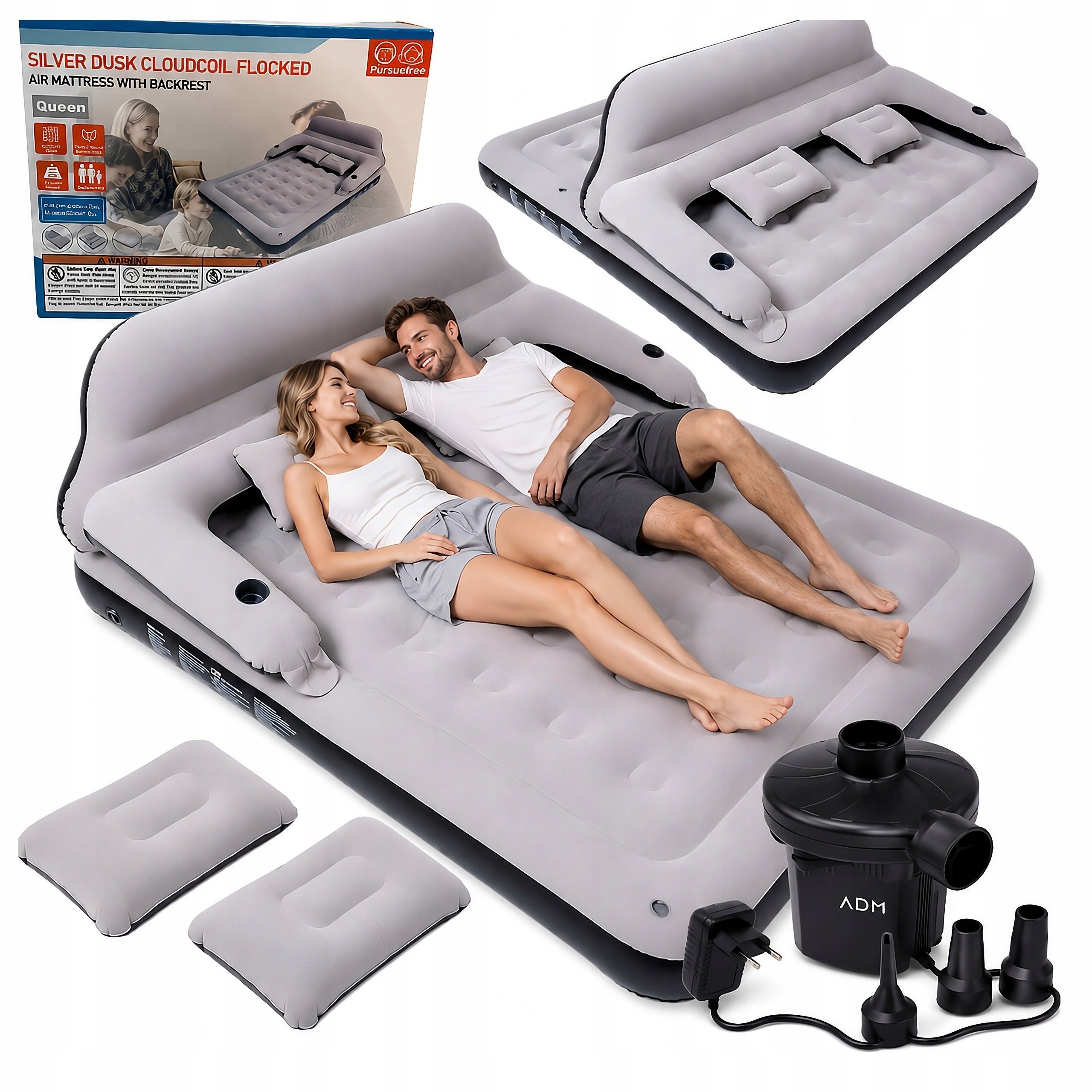INFLATABLE MATTRESS XXL DOUBLE QUEEN SIZE BED + CAMPING PUMP WITH BACKREST