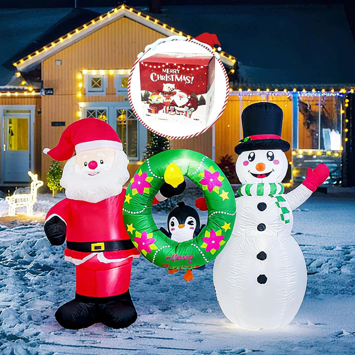 INFLATABLE SANTA CLAUS + SNOWMAN 160cm WITH PENGUIN ILLUMINATION CHRISTMAS ORNAMENT Q1V Manufacturer code Dmuchany Mikołaj + Bałwan