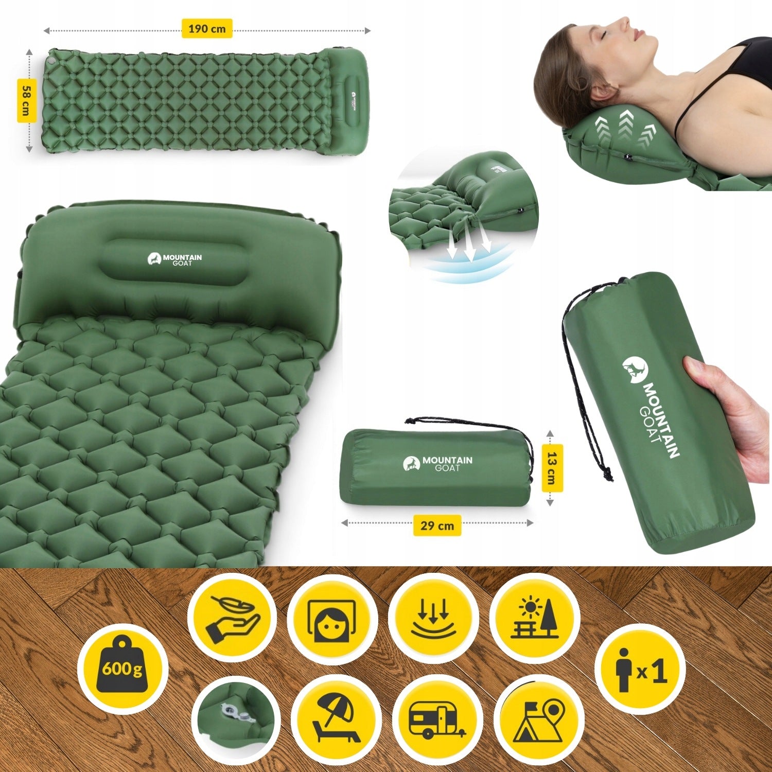 INFLATABLE SINGLE MATTRESS TOURIST LIGHT MOUNTAIN GOAT GREEN