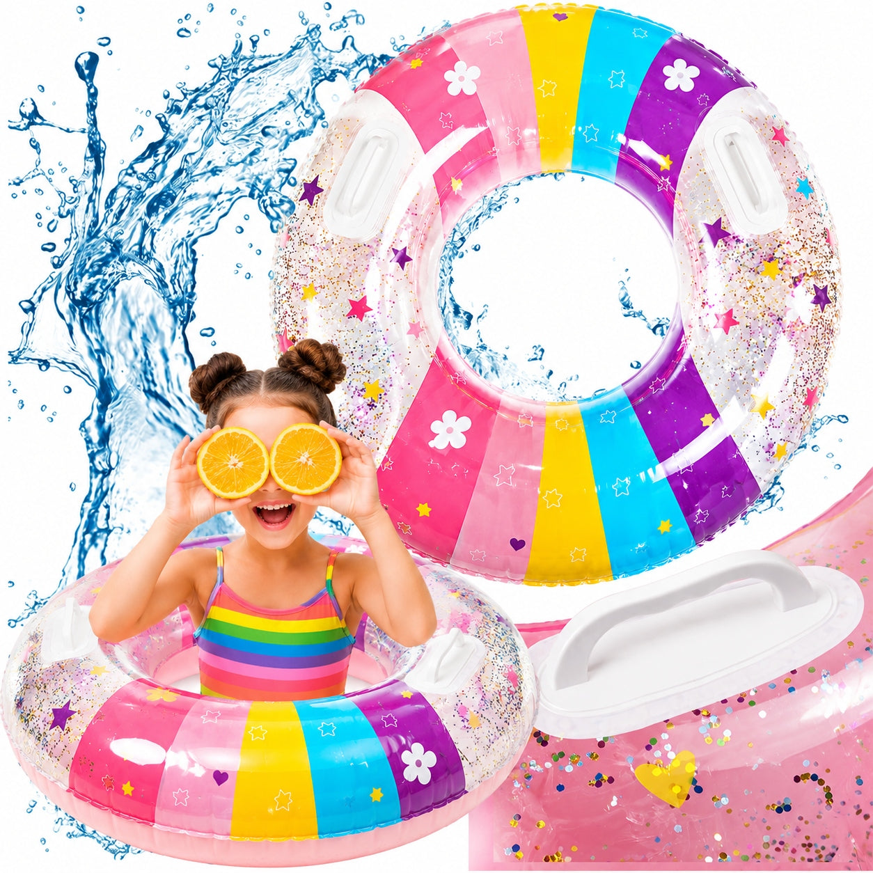 INFLATABLE WHEEL FOR SWIMMING WATER LARGE BEACH GLITTER 90CM WITH HANDLES GLITTER