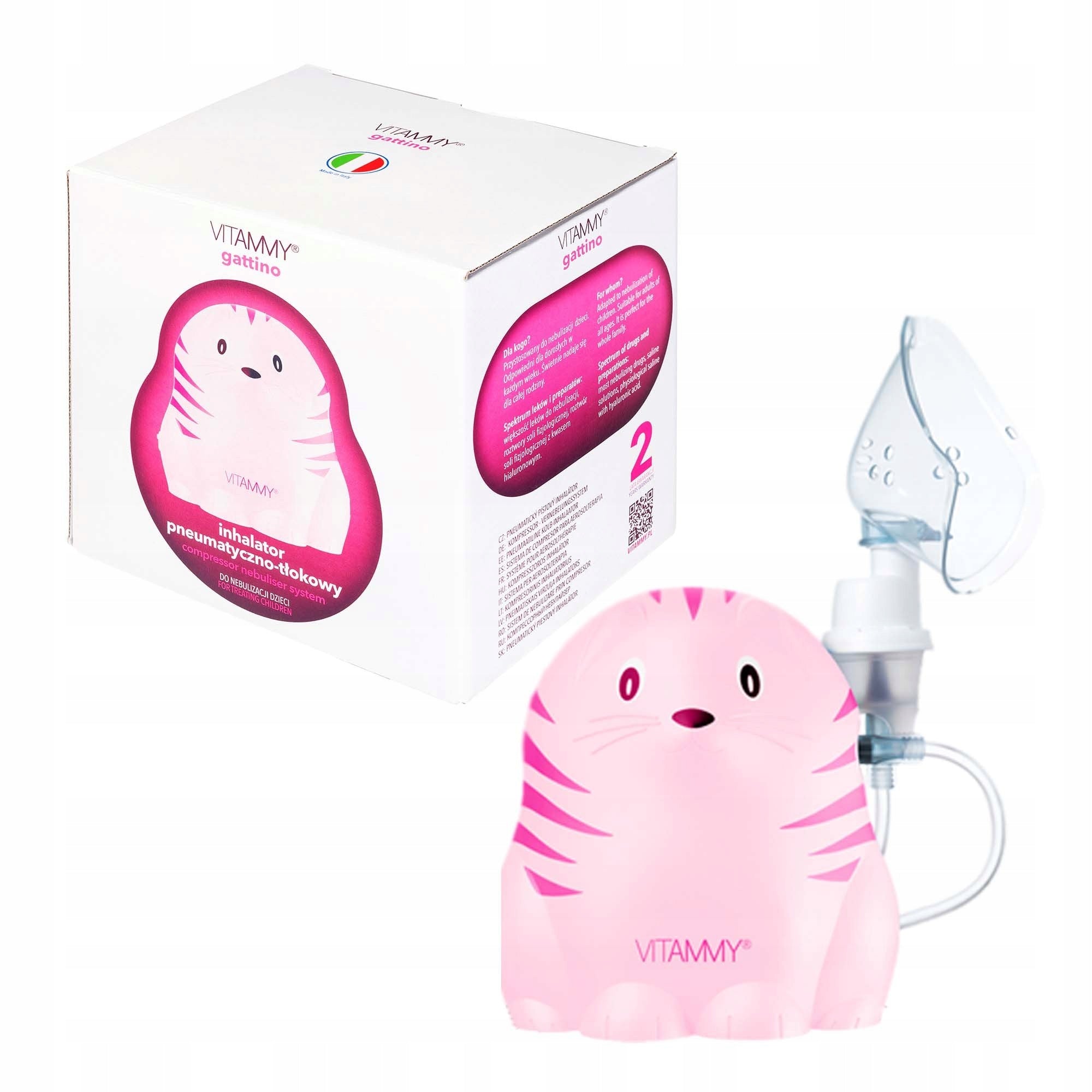 INHALER NEBULISER FOR CHILDREN VITAMMY GATTINO PINK KITTEN 2 MASKS Packaging status original