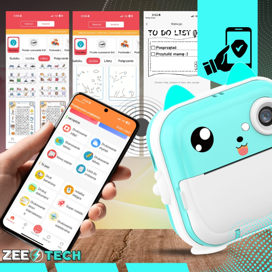 INSTANT CAMERA FOR CHILDREN PRINT MINI PRINTER + 11 ROLLS + STICKERS Manufacturer code Aparat natychmiastowy drukuś 2.0 drukarka