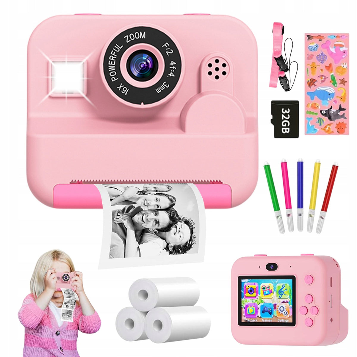 INSTANT CAMERA PRINTER 1080P 32GB 16X SELFIE KIDS