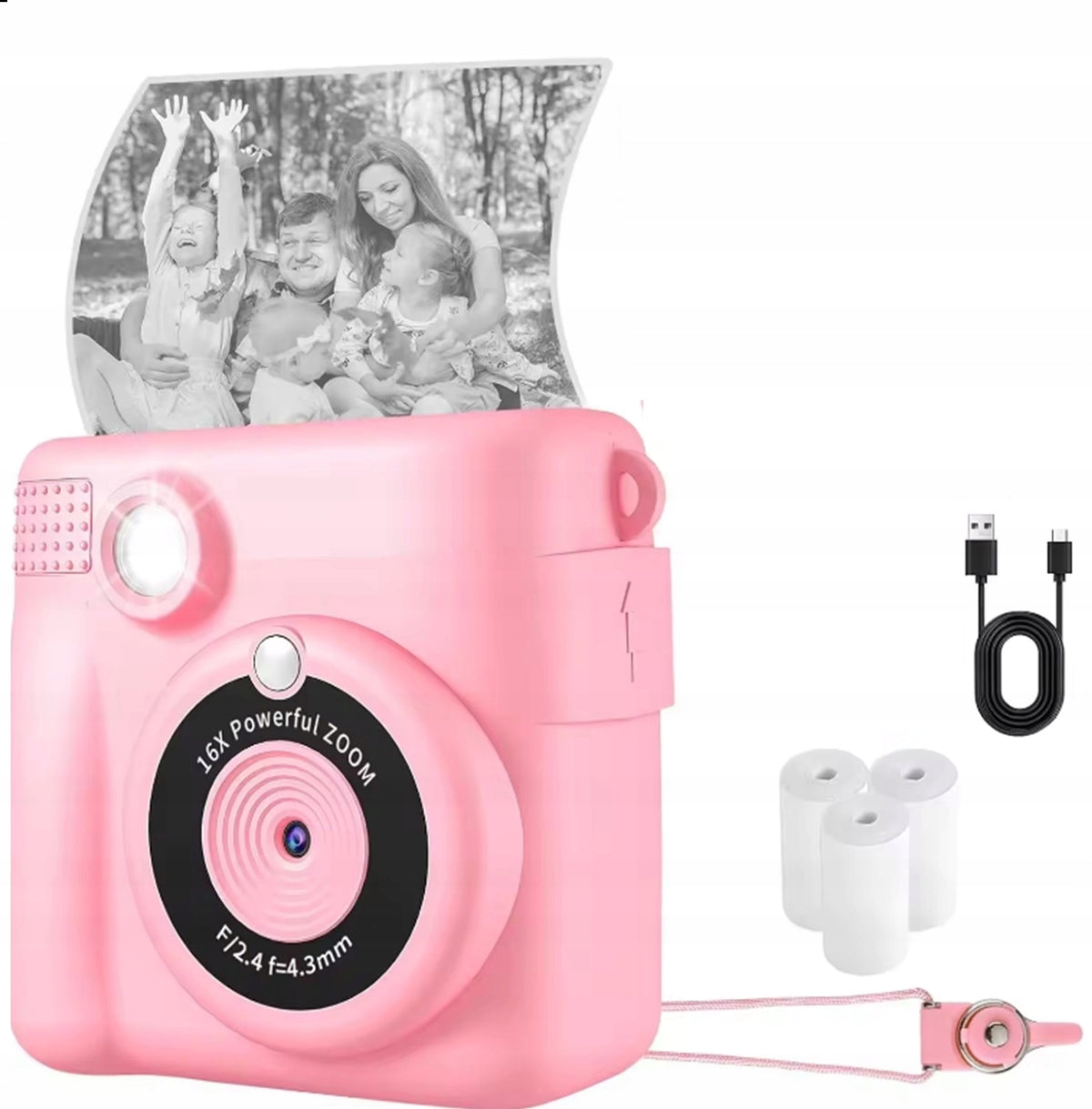 INSTANT DIGITAL CAMERA WITH PRINTER FOR CHILDREN PINK ZOOM GAME PAPER