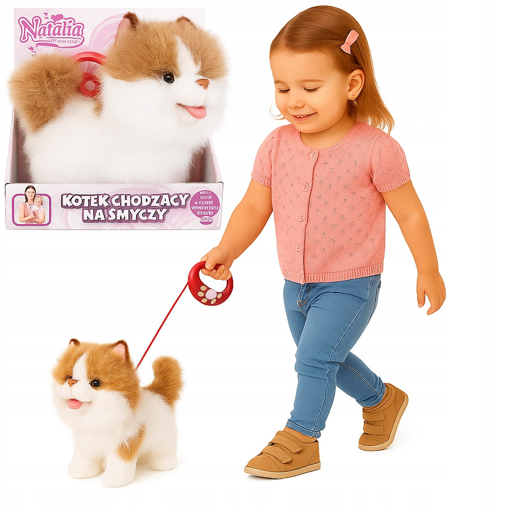 INTERACTIVE KITTEN WALKING ON A LEASH walks meowing WHITE-RED CAT Toy