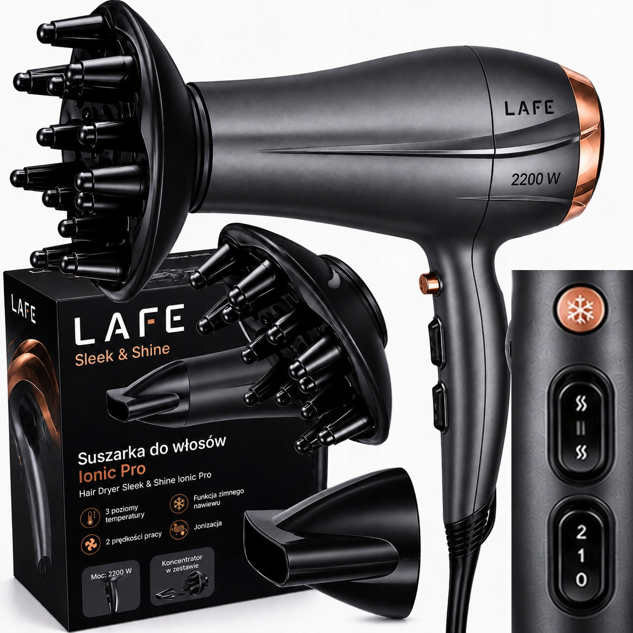 IONIZED HAIR DRYER STRONG DIFFUSER DRYER 2200W ADJUSTABLE
