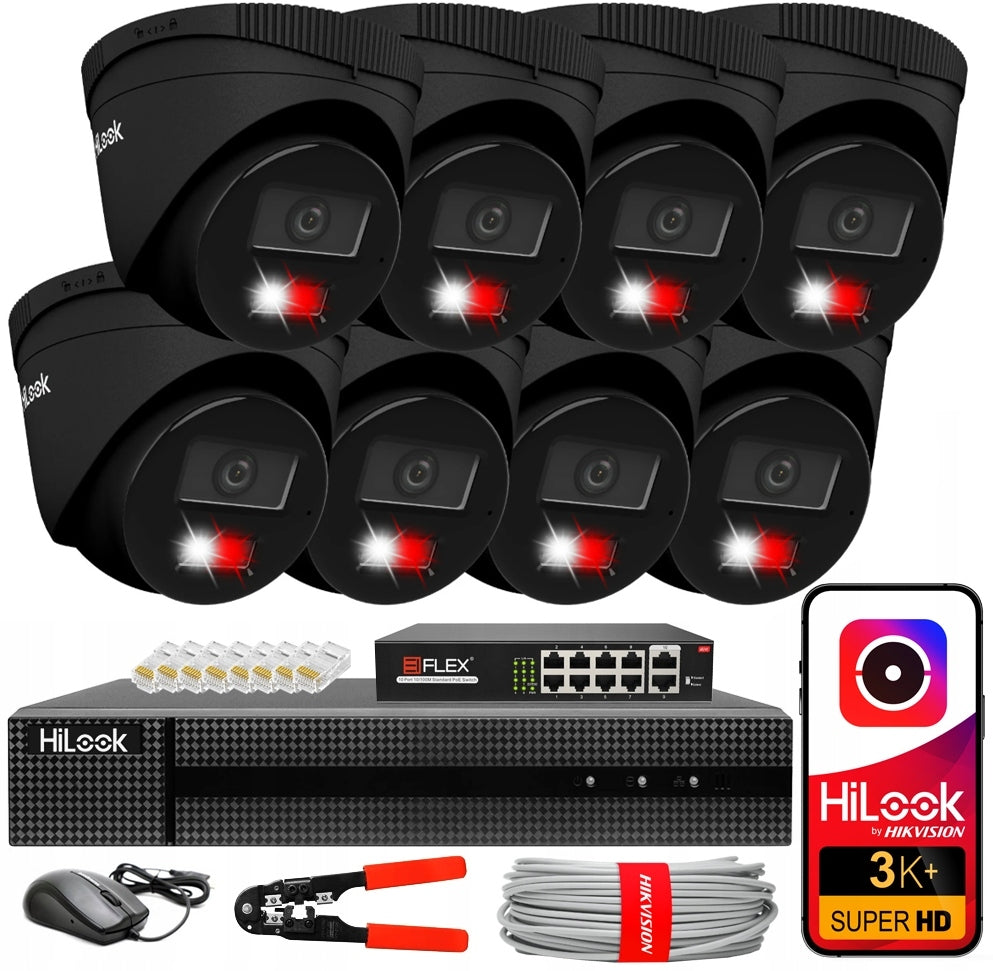 IP Monitoring Kit 8 Cameras 6MPx BLACK HiLook Hikvision POE App