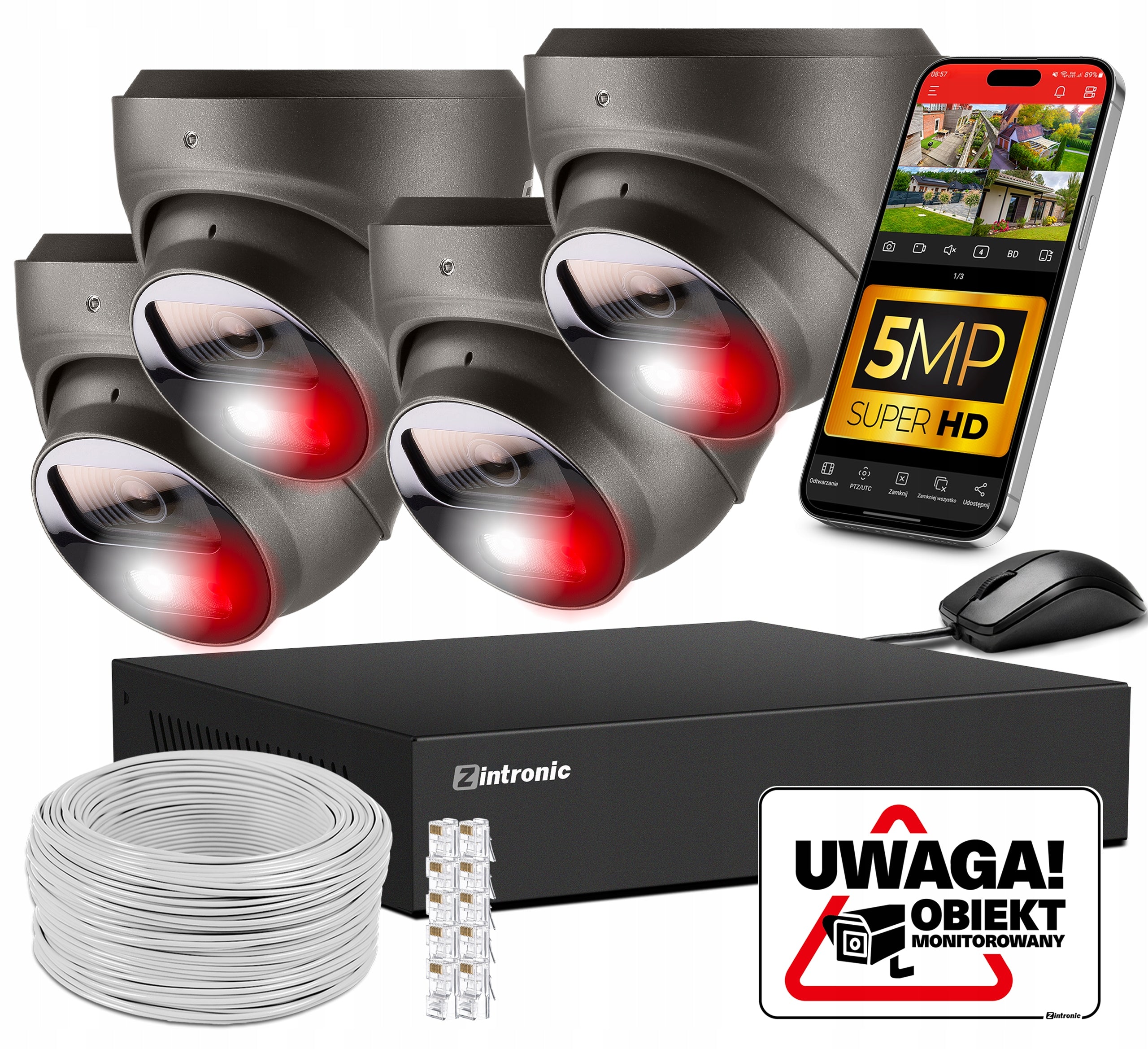 IP PoE SURVEILLANCE Camera Kit 4 CAMERAS 5MPx GREY AUDIO DETECTION