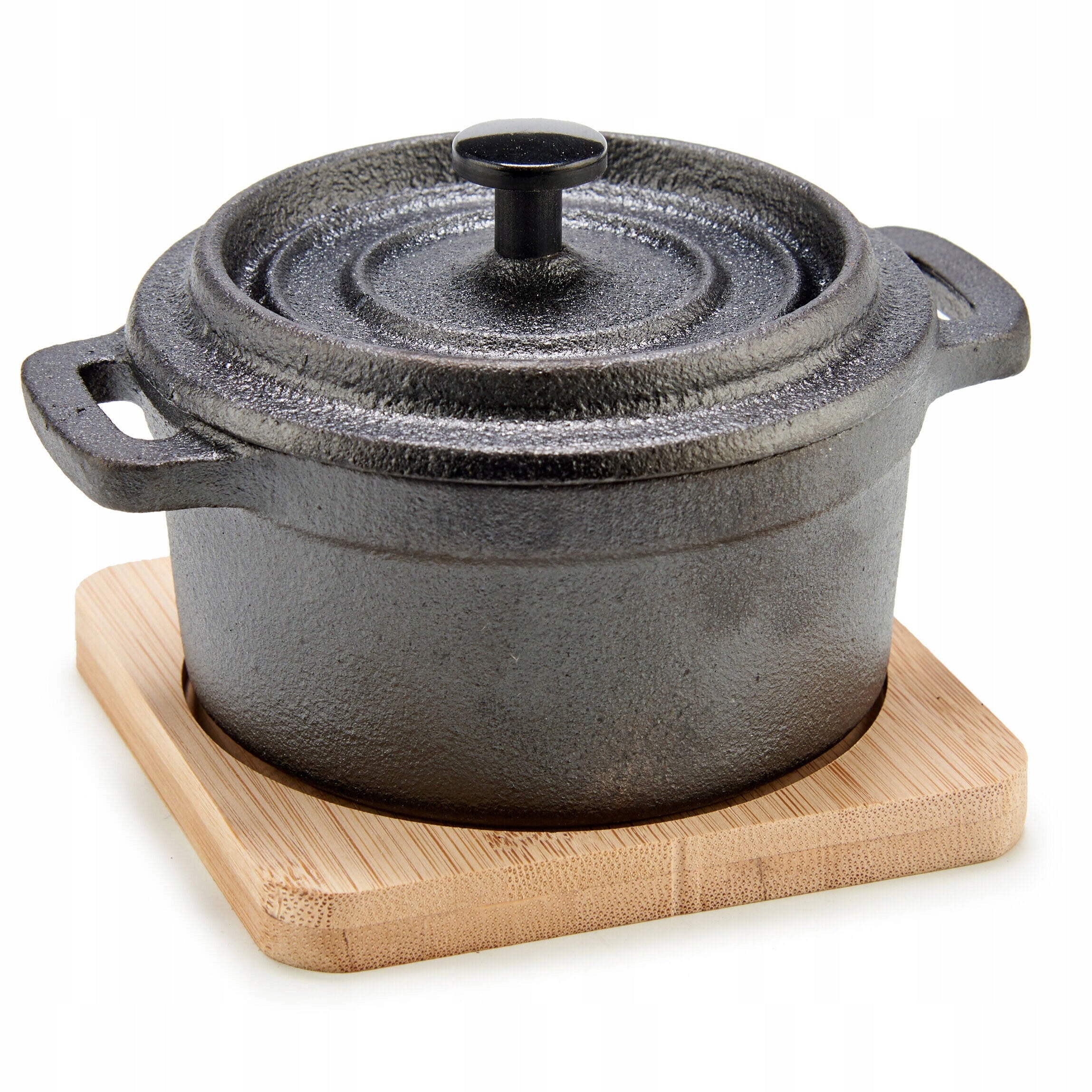 IRON BAKING DISH ON BAMBOO STAND WITH LID 13X10X8 CM