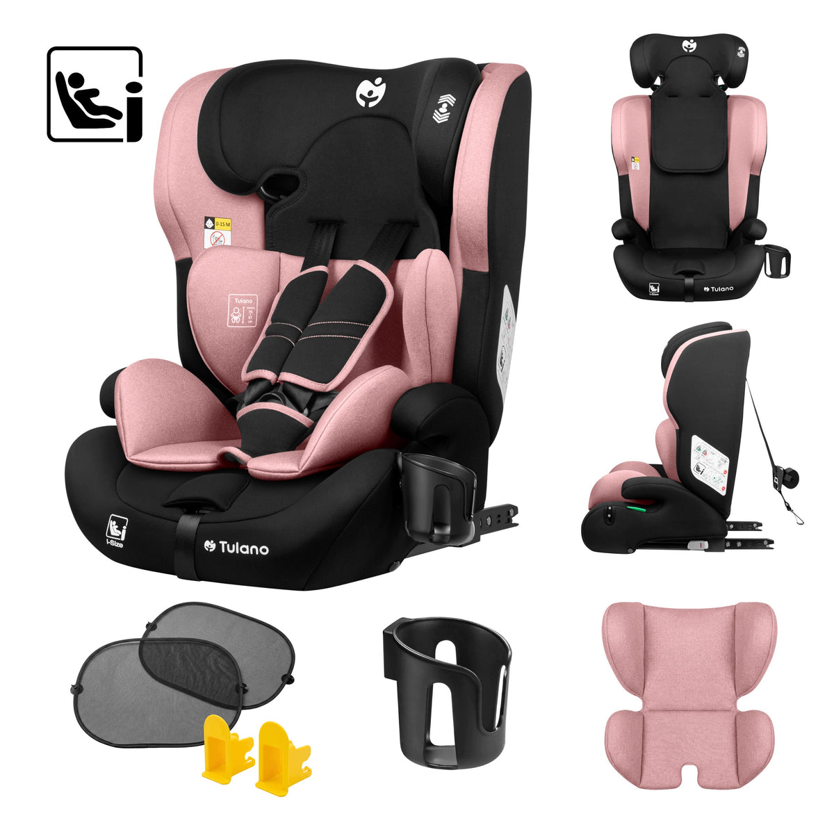 ISOFIX car seat Tulano PINK i-Size 9-36kg 76-150cm TOP TETHER