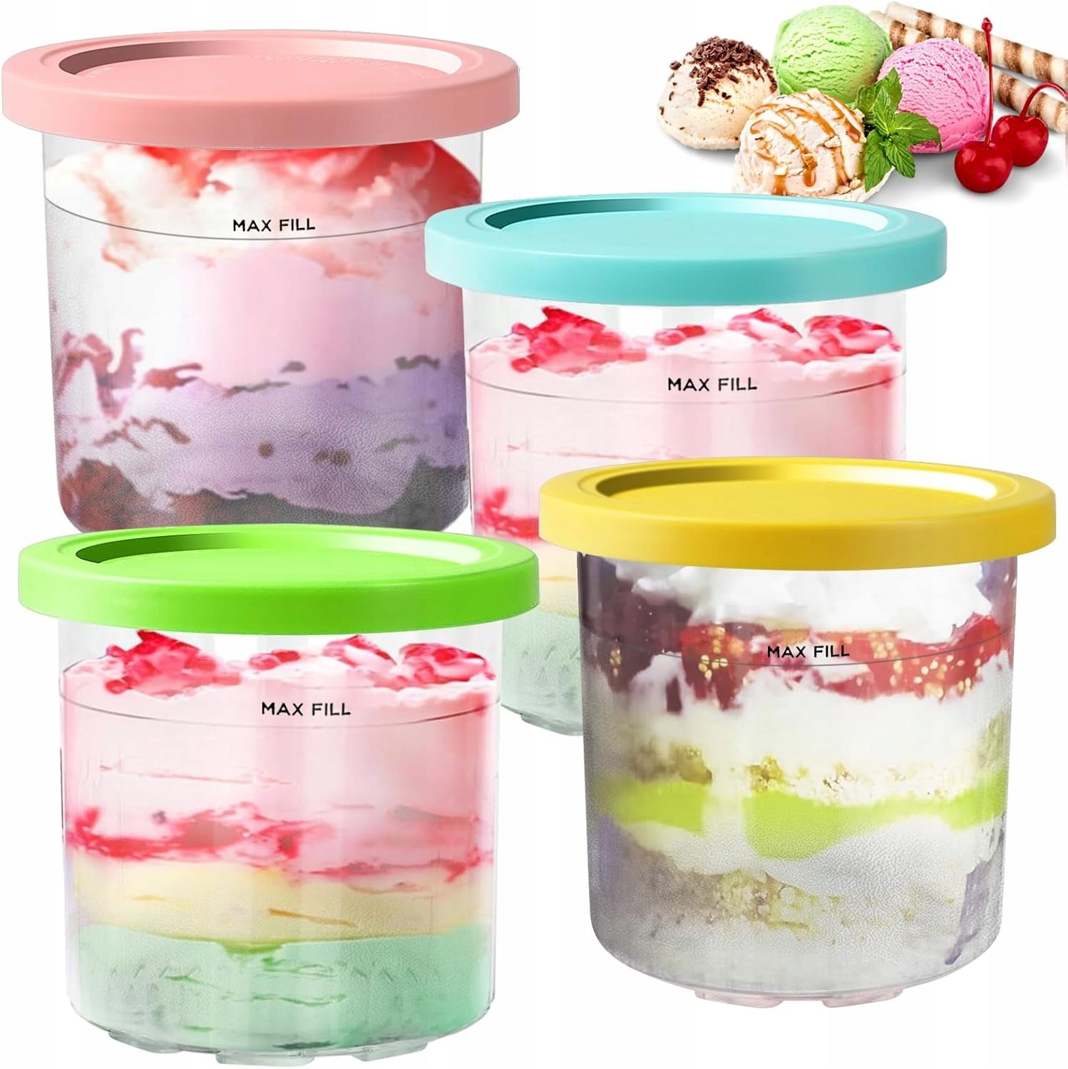 Ice Cream Containers for Ninja Creami NC300EU 4 Pieces with Lid Colorful