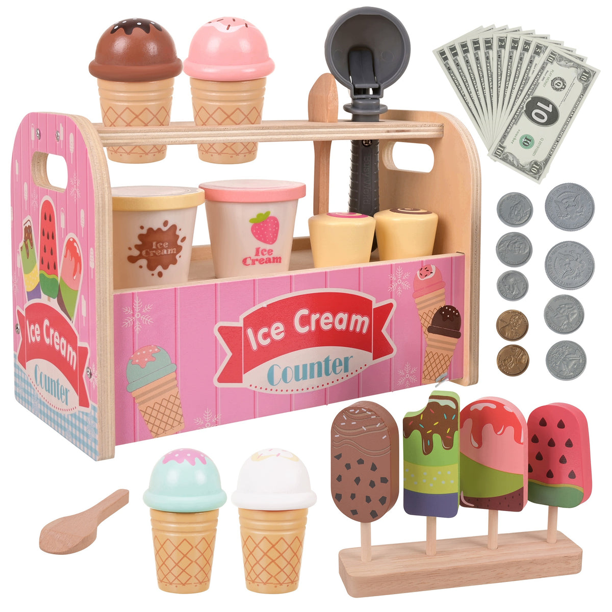 Ice Cream Shop Wooden Ice Cream Shop for Children Cash Register Confectionery Gift 33 el